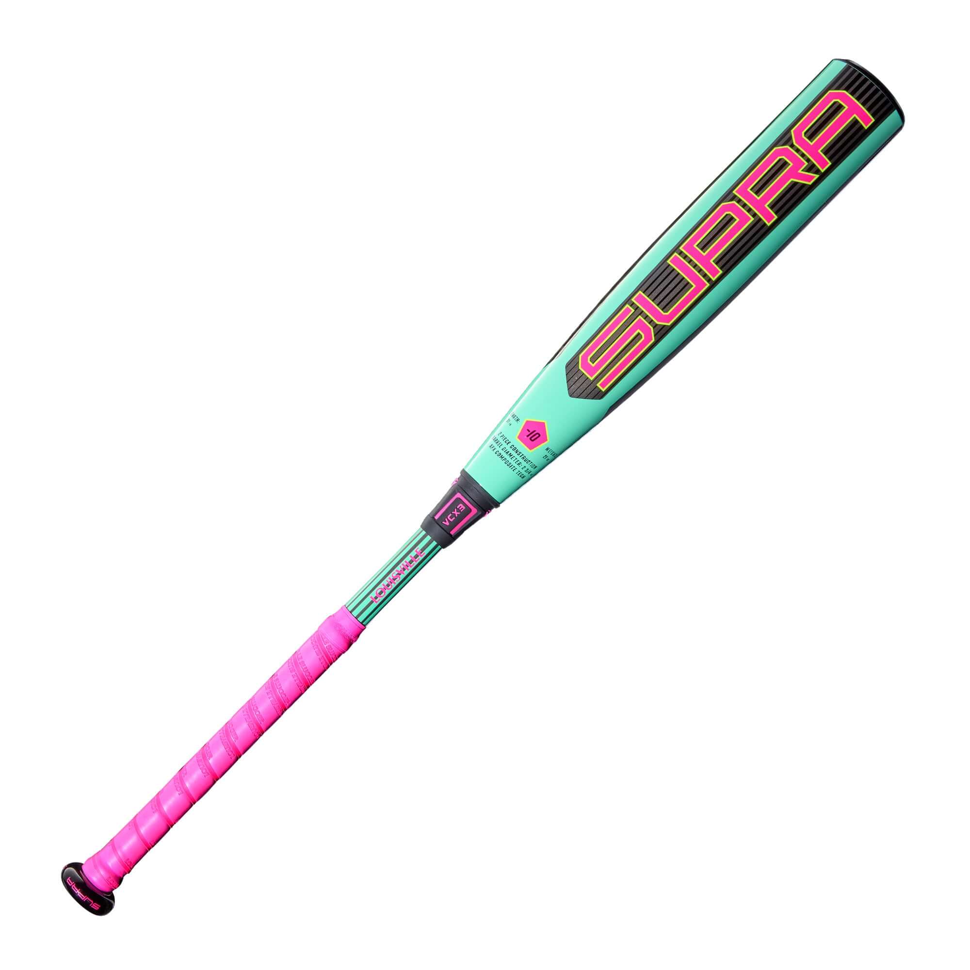 2026 Louisville Slugger Supra™ 2 ¾" (-10) USSSA baseball bat in Neon Mint and Pink design.