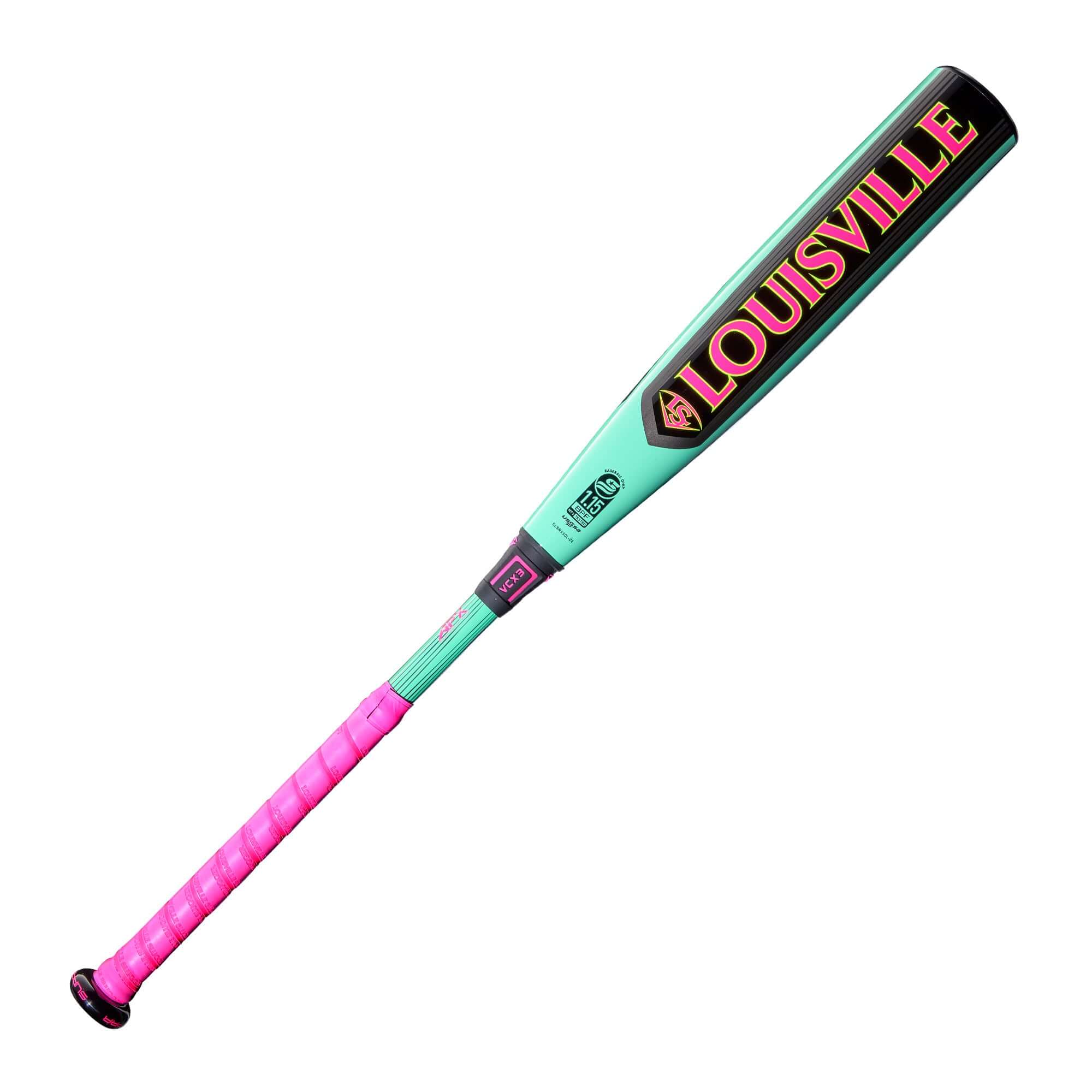 2026 Louisville Slugger Supra™ USSSA Baseball Bat in Neon Mint and Pink with 2 ¾” barrel and balanced design.