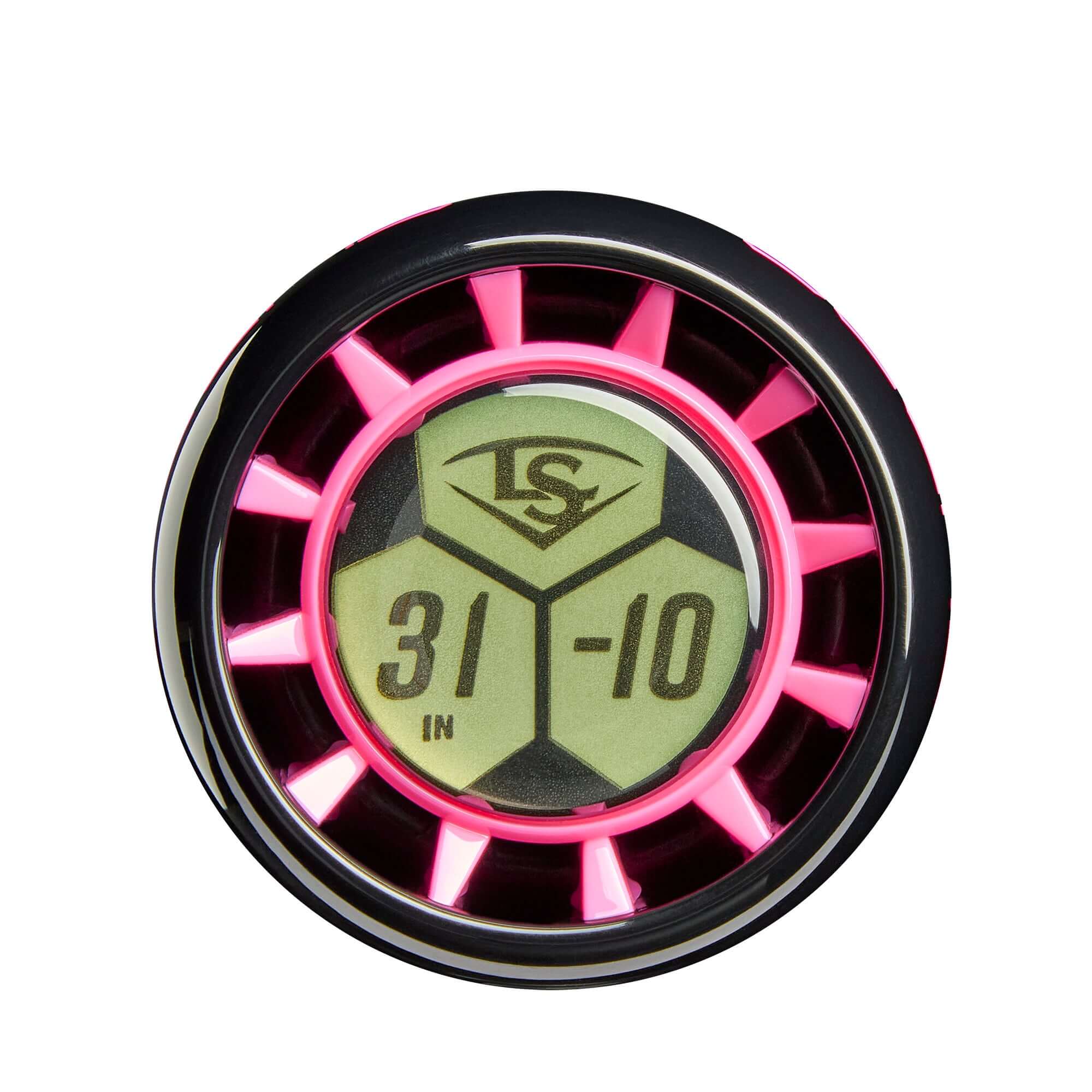 2026 Louisville Slugger Supra baseball bat end cap showcasing 31in -10 size in vibrant pink and black.