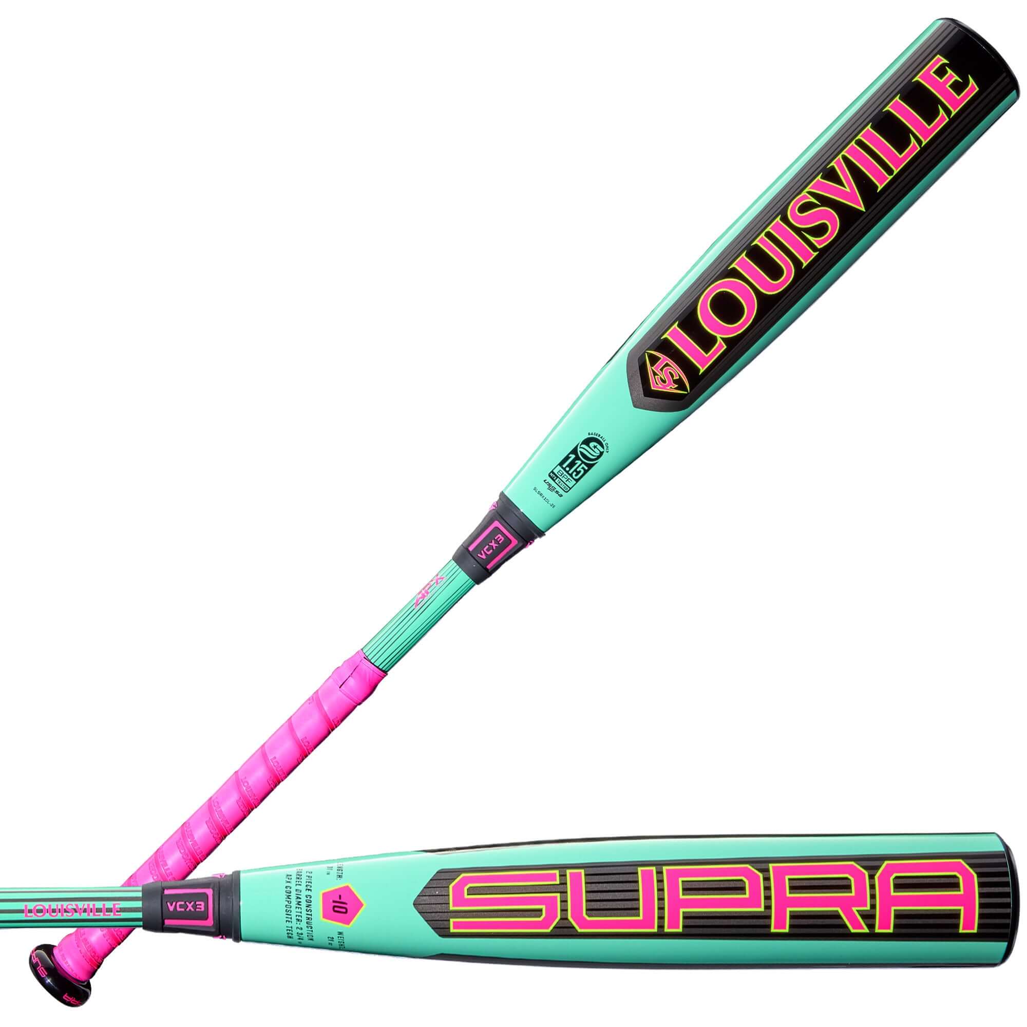 2026 Louisville Slugger Supra™ USSSA baseball bat in Neon Mint & Pink, featuring a 2 ¾" barrel for optimal performance.