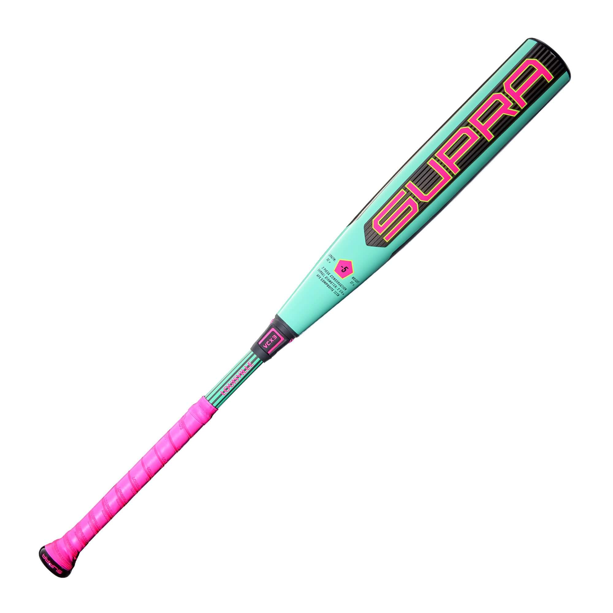 2026 Louisville Slugger Supra™ 2 ¾” (-5) USSSA baseball bat in vibrant mint and pink design.