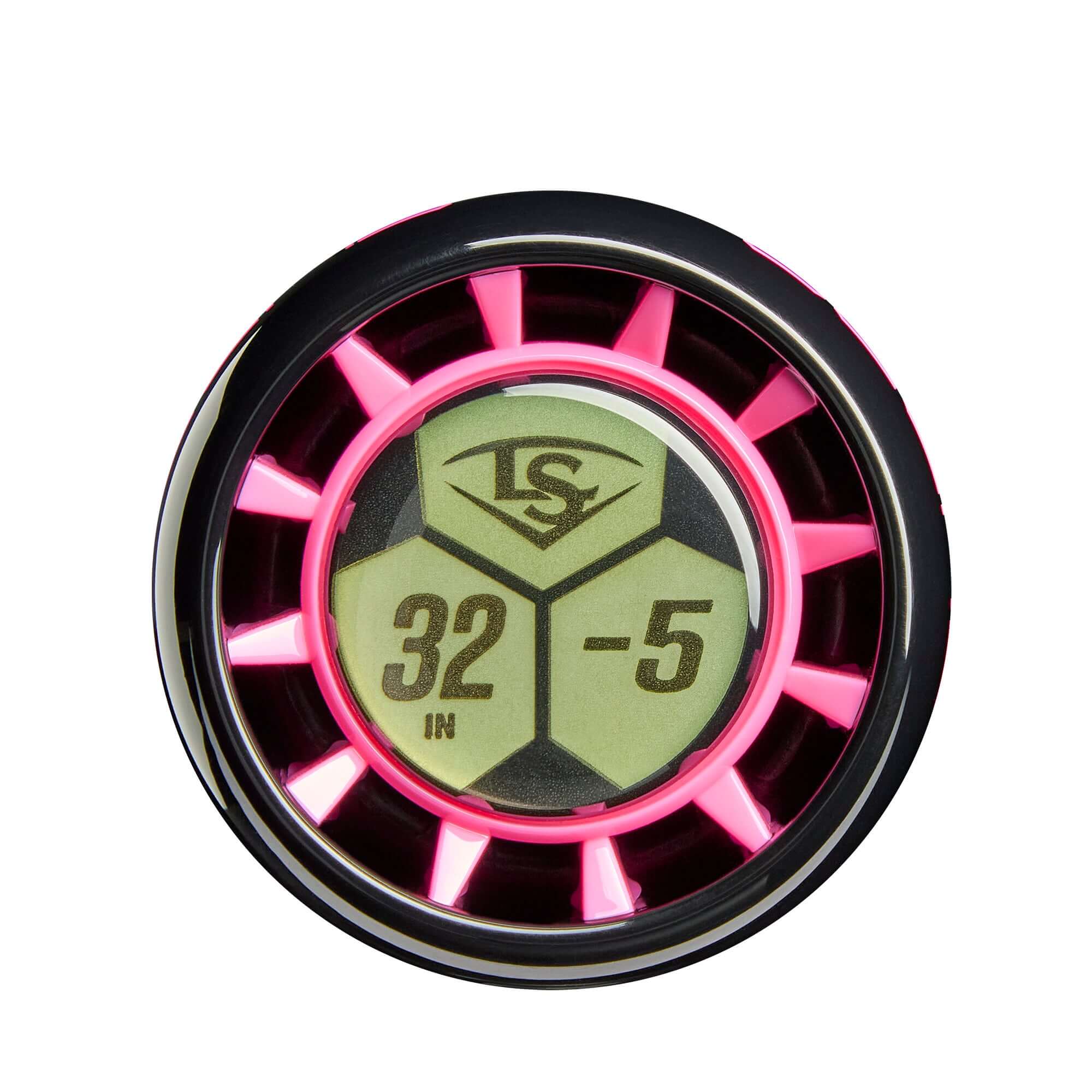 Close-up of the 2026 Louisville Slugger Supra (-5) baseball bat knob, featuring a pink design and size details.