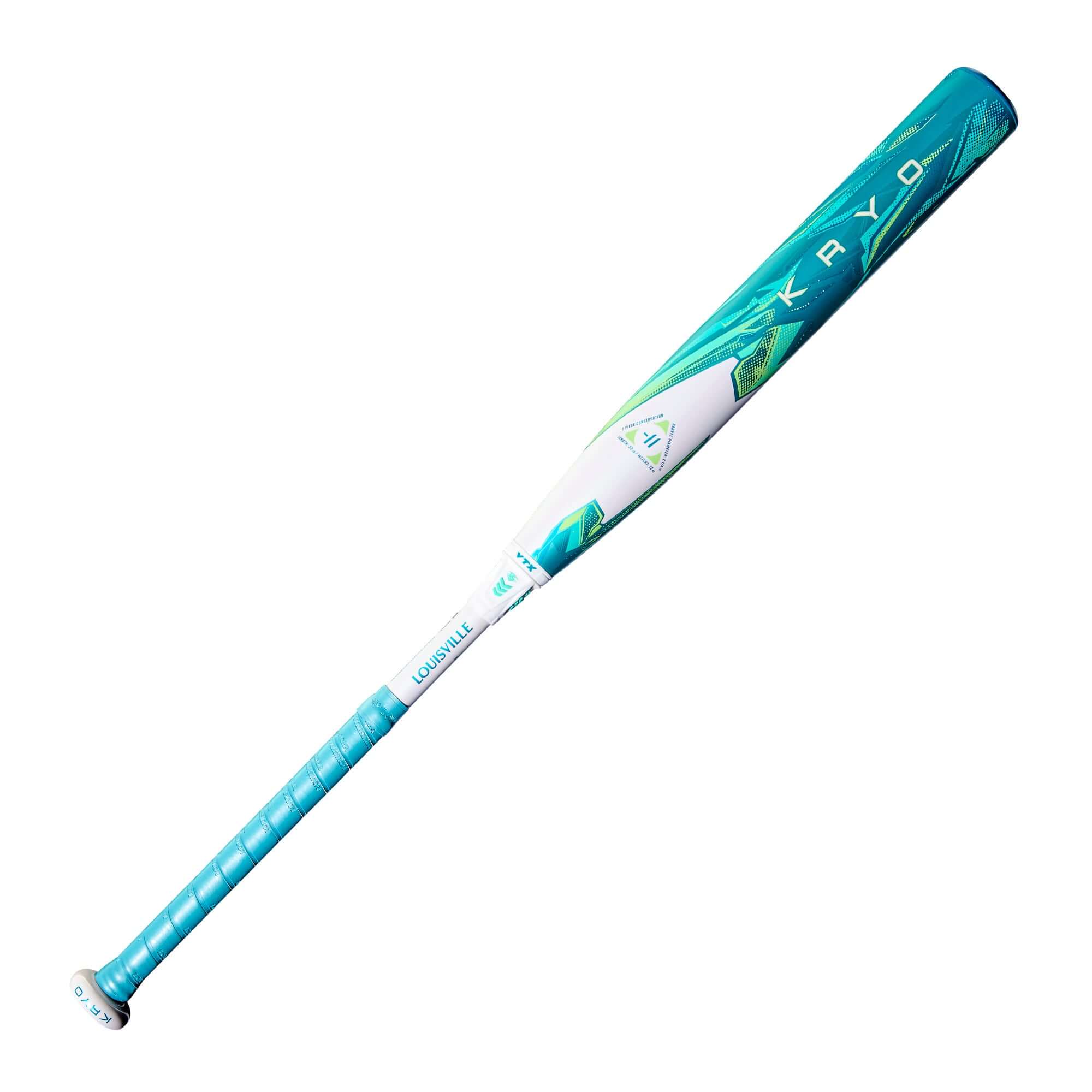 2026 Louisville Slugger Kryo (-11) fastpitch softball bat in teal and white with GO-EX1 Barrel System design.