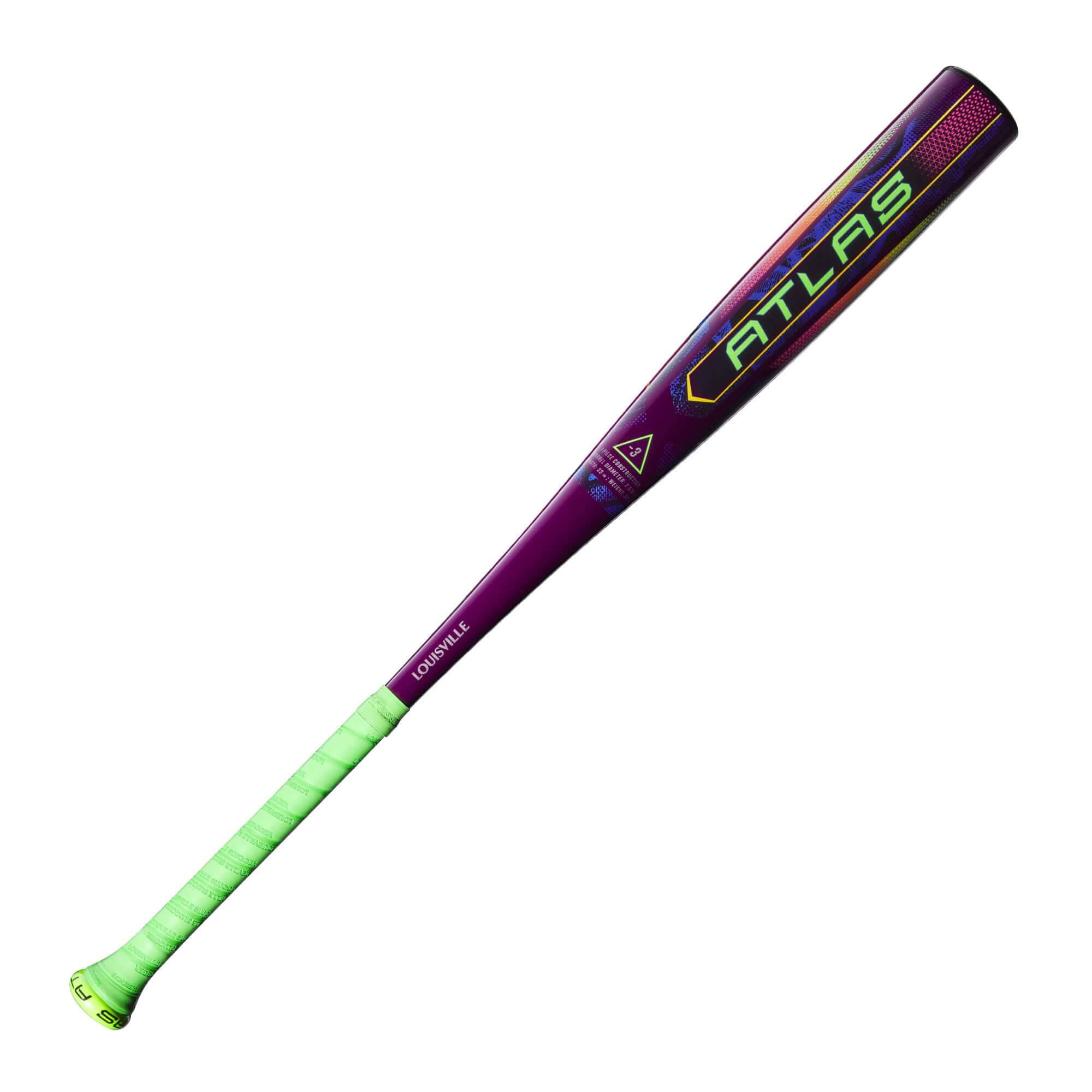 2025 Louisville Slugger Atlas CWS (-3) BBCOR Baseball Bat in vibrant purple and green design.