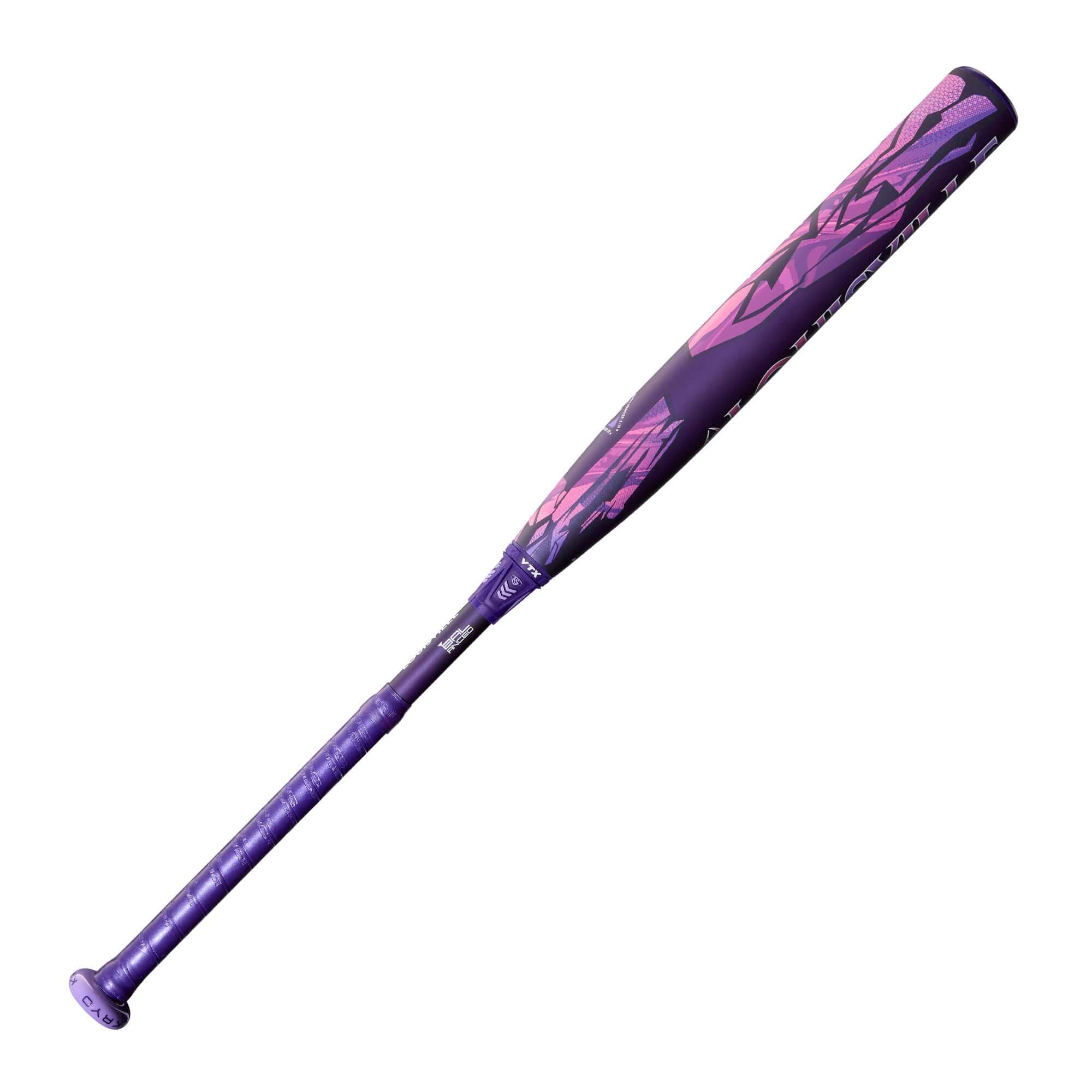 Left barrel detail of 2026 Louisville Slugger Kryo Thundernight Fastpitch Bat showing violet Thundernight finish