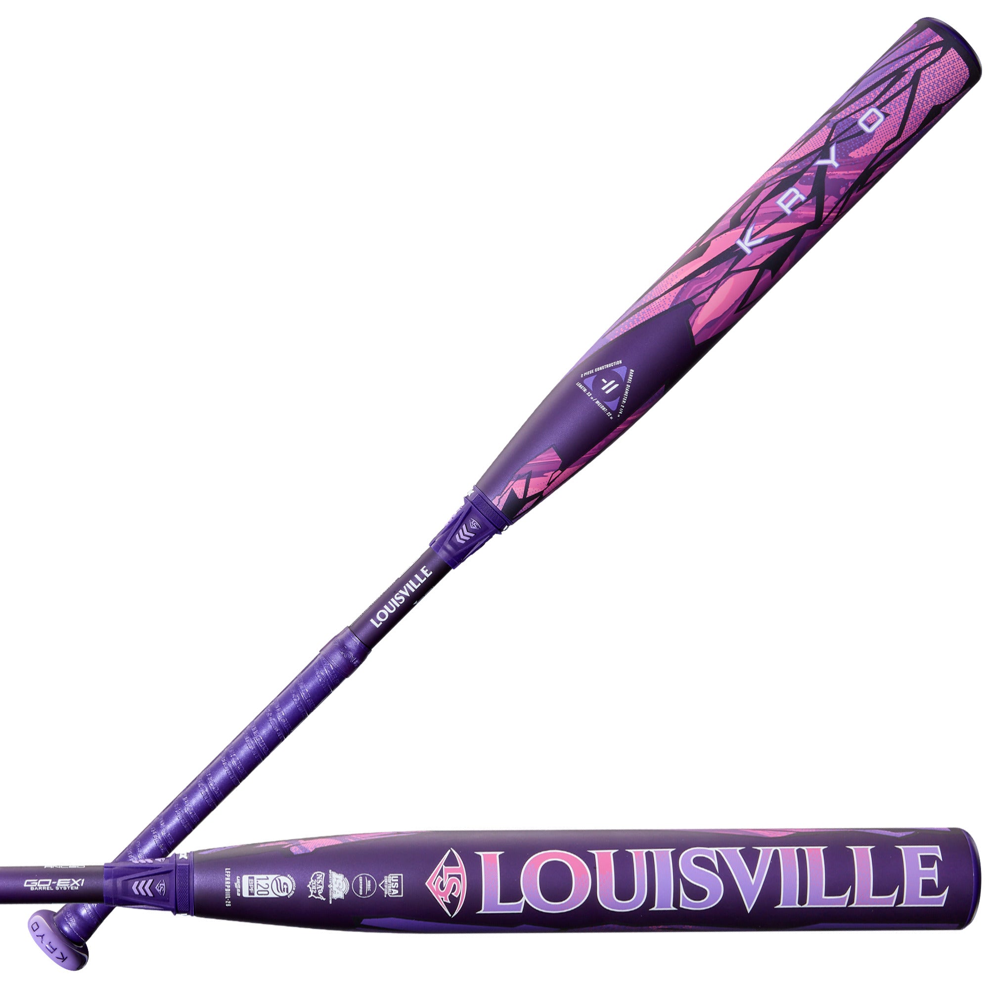 2026 Louisville Slugger Kryo Thundernight (-11) Fastpitch Bat front and back view with violet crackle design