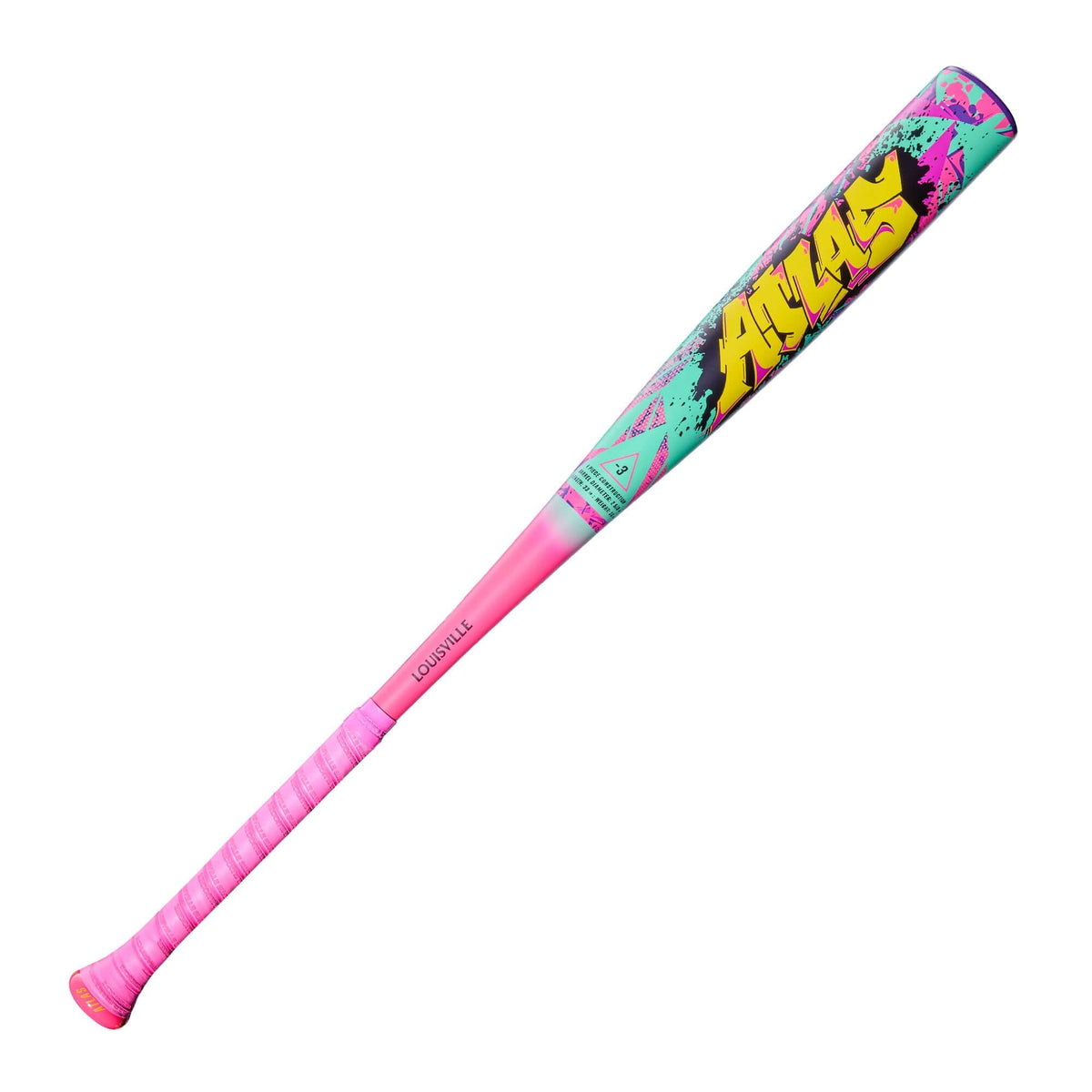 Front view of 2026 Louisville Slugger Atlas Wildstyle (-3) BBCOR Bat highlighting EVOKE Alloy barrel