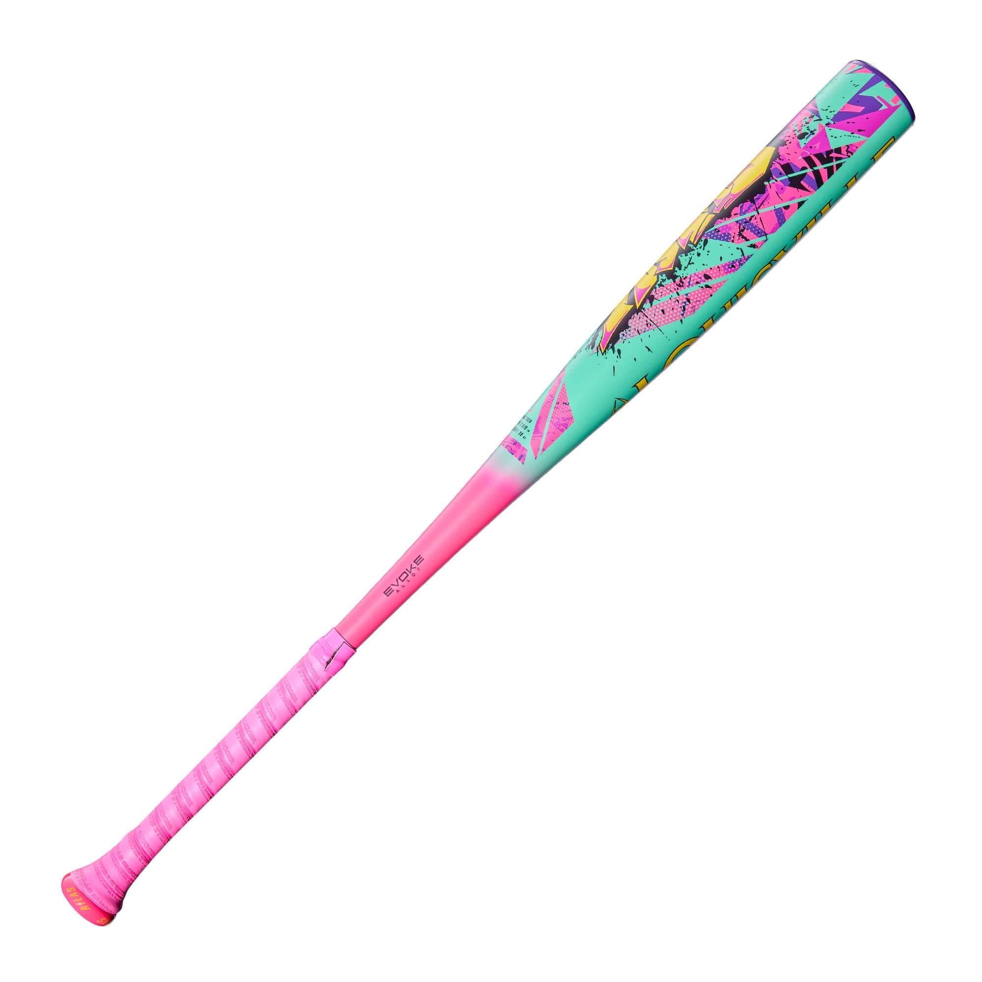 Left barrel detail of 2026 Louisville Slugger Atlas Wildstyle BBCOR Bat with splattered paint design