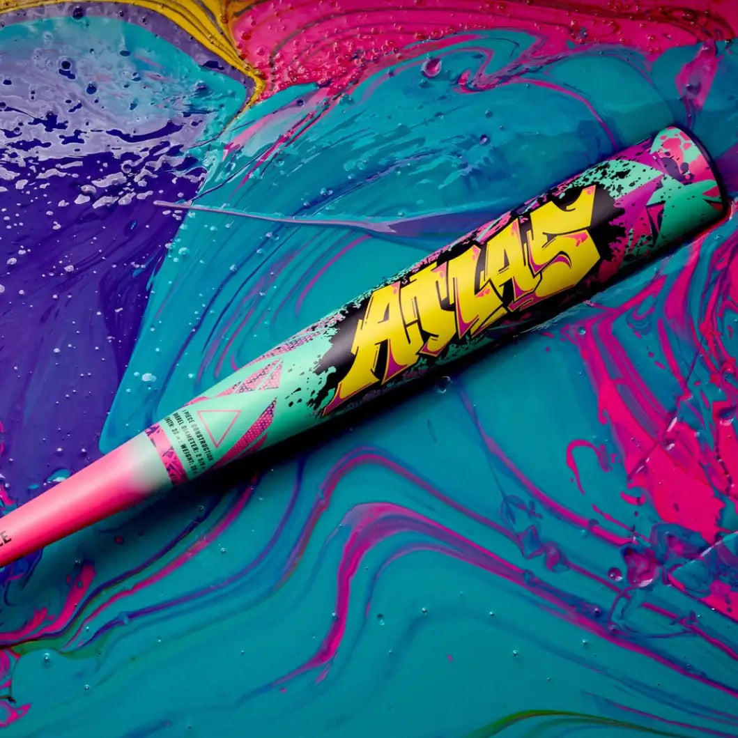 2026 Louisville Slugger Atlas Wildstyle (-3) BBCOR Baseball Bat side profile with graffiti-inspired graphics.
