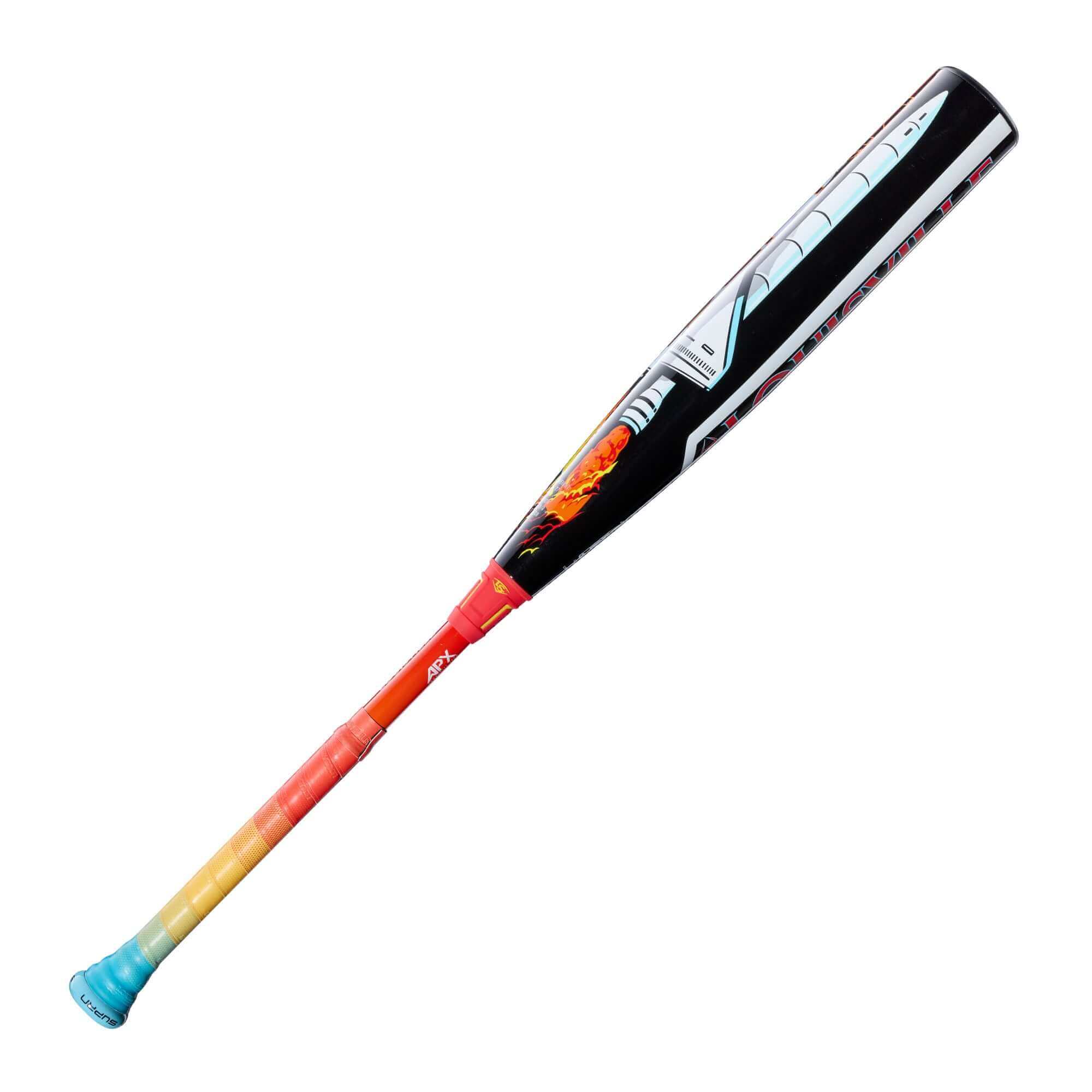 Left barrel detail of 2026 Louisville Slugger Supra Starship (-5) USSSA Bat with colorful space graphics