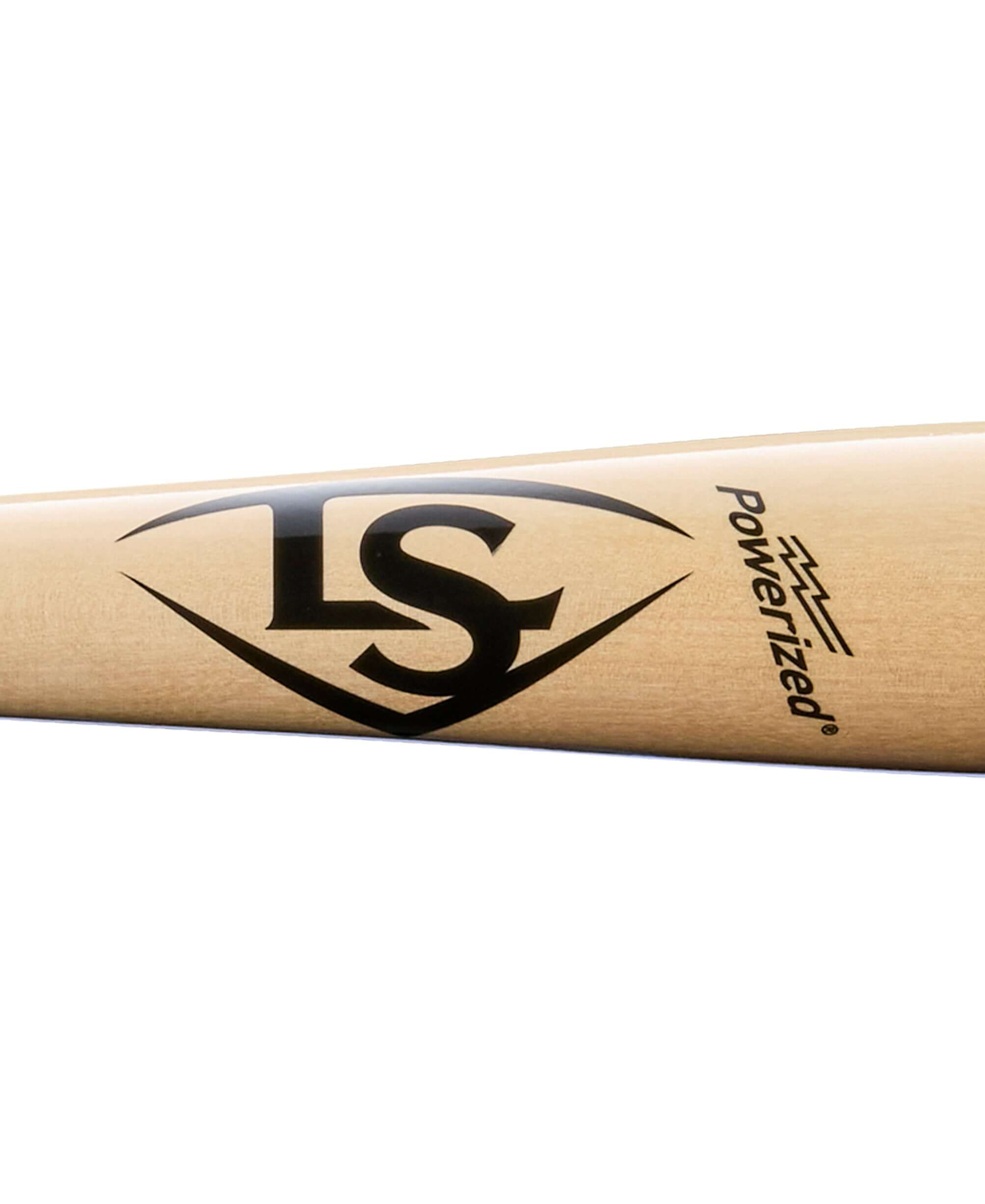 Close-up of the Louisville Slugger Pro Prime TPD1 baseball bat showcasing its Powerized logo and natural maple finish.