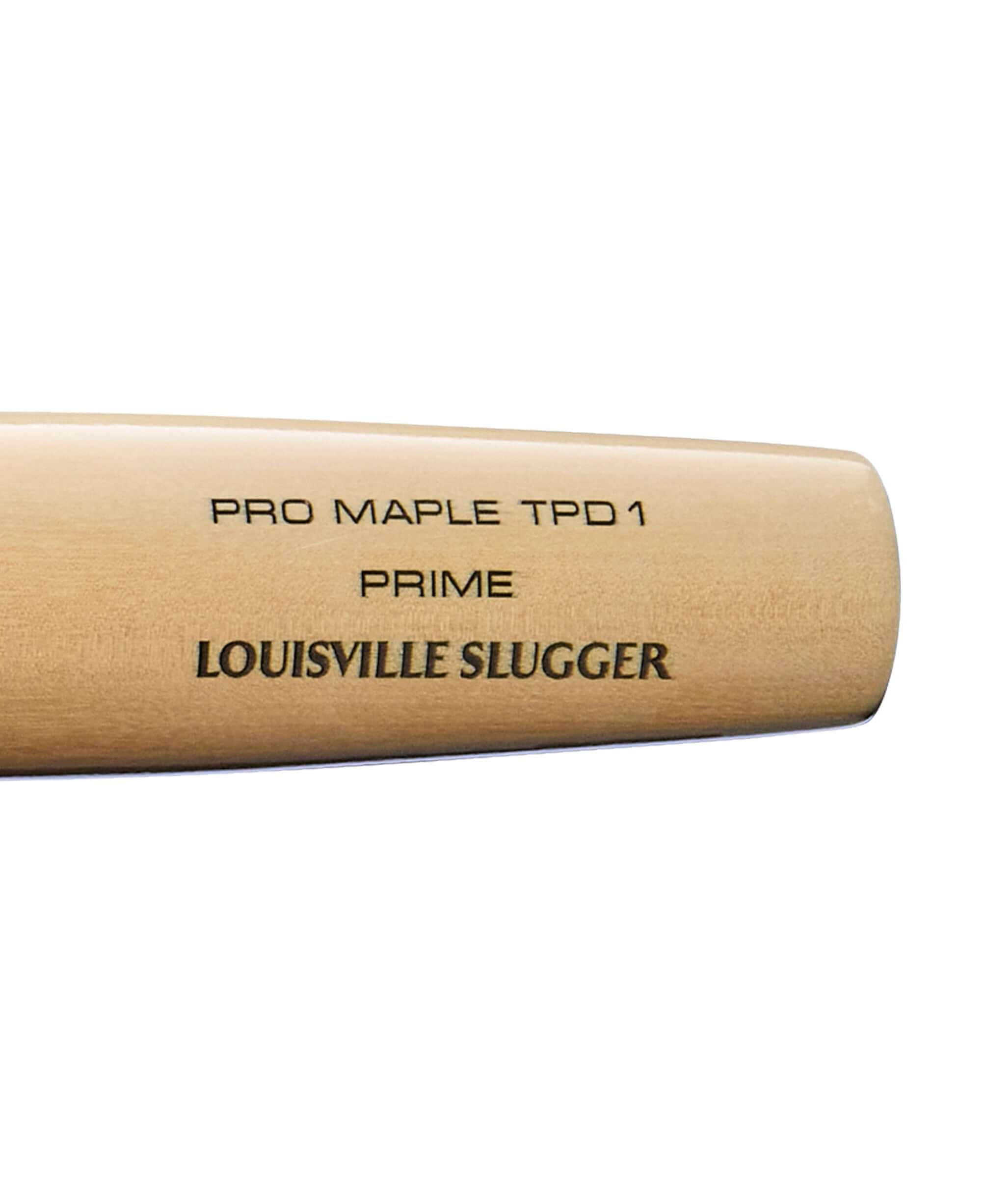 Louisville Slugger Pro Maple TPD1 baseball bat showing branding and model details on the barrel.
