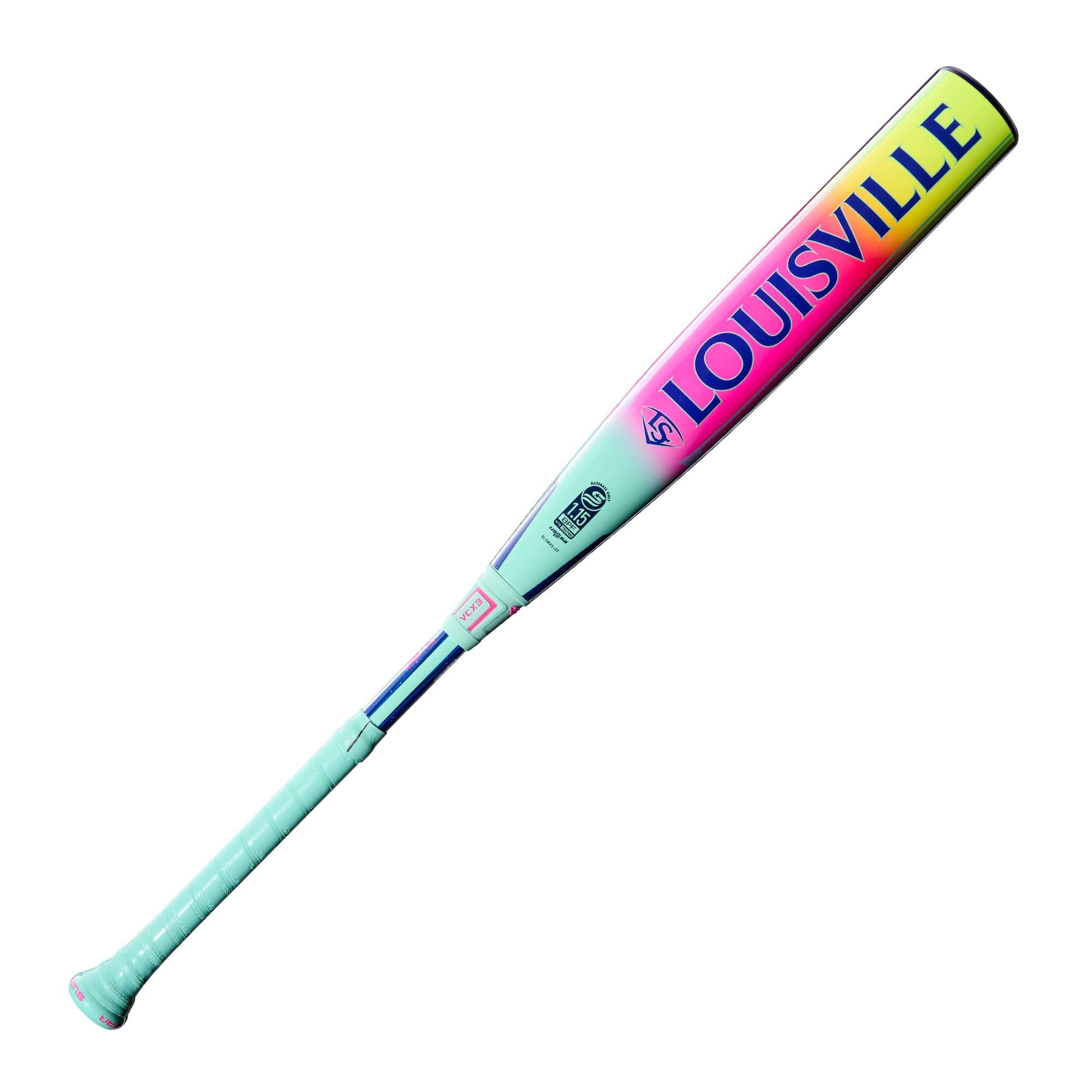 2027 Louisville Slugger Supra (-5) USSSA Baseball Bat side profile, pastel colors with Louisville logo