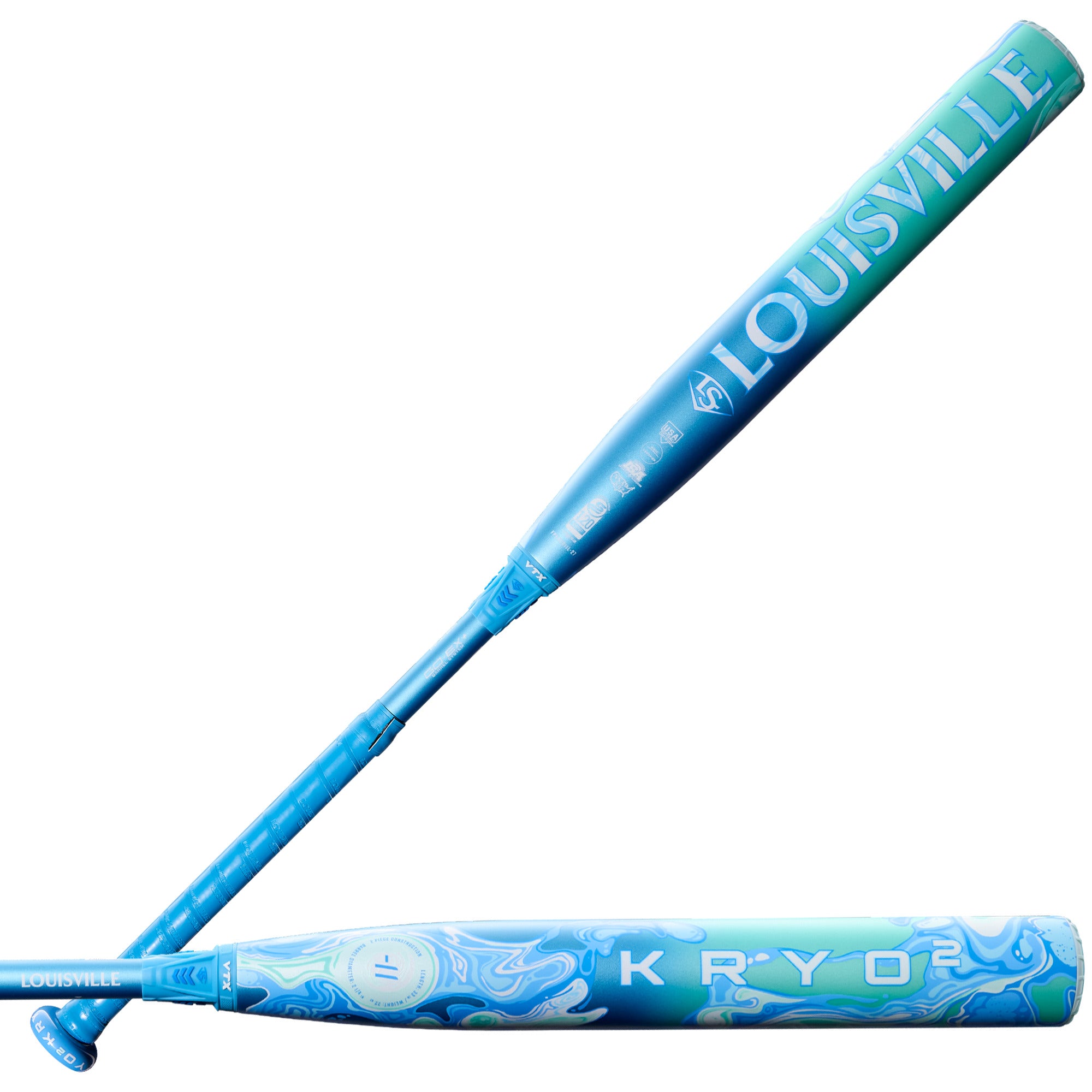 Aquatic blue 2027 Louisville Slugger Kryo2 FP (-11) Fastpitch Softball Bat with logo visible on barrel.