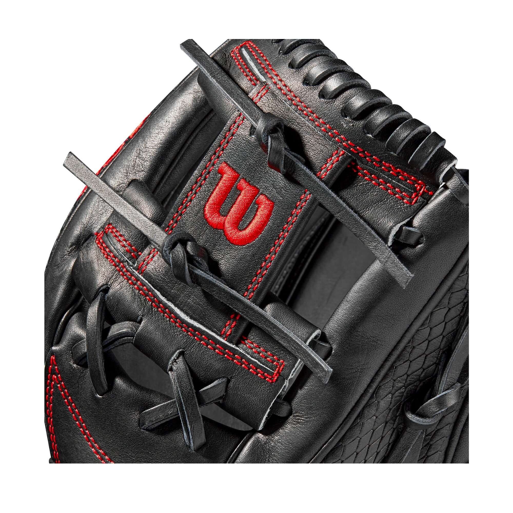 Wilson A2K 1787 11.75 inch infield glove with Black Pro Stock and SnakeSkin leather, and red Bold logos.