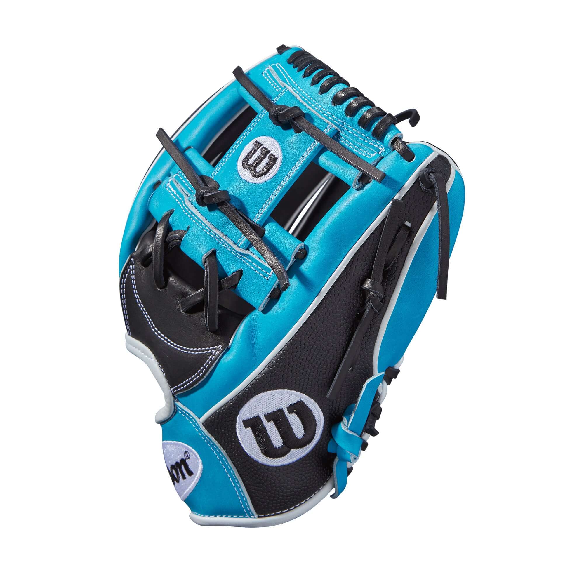 Wilson A2000 1787SS glove in Tropical Blue and Black SuperSkin, designed for infielders, 11.75" H-Web.