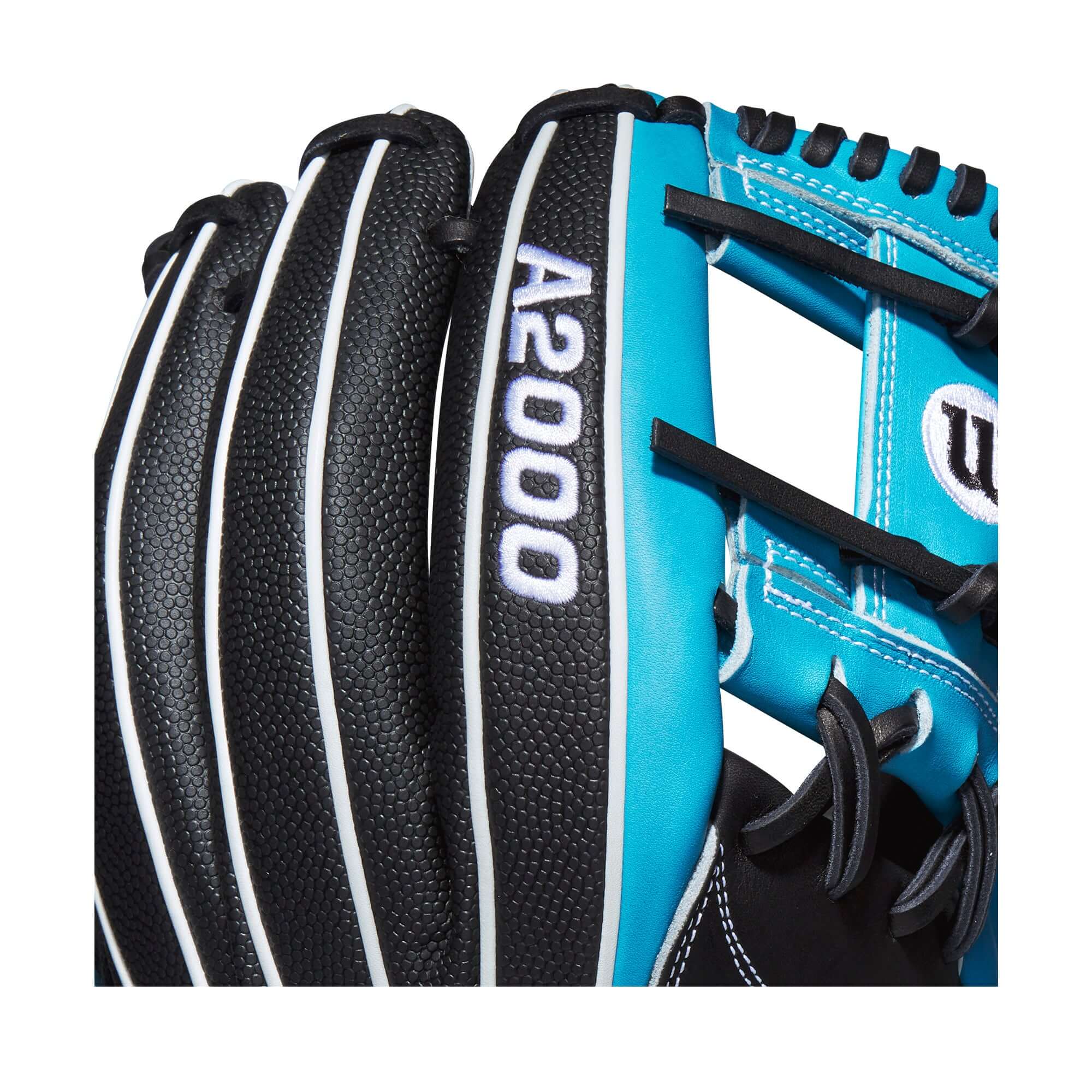 Close-up of Wilson A2000 glove in Tropical Blue and Black Pro Stock leather, perfect for infielders.