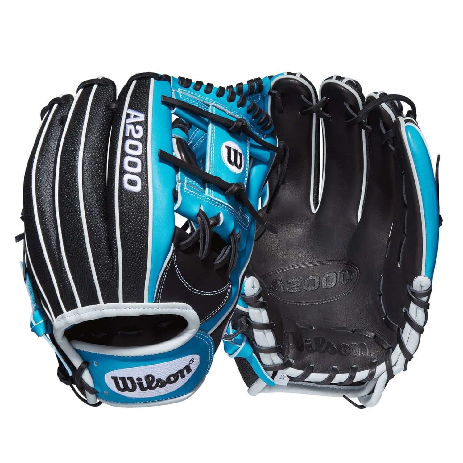Wilson A2000 1787SS glove in Tropical Blue and Black, perfect for infielders, showcasing Pro Stock Leather and SuperSkin.