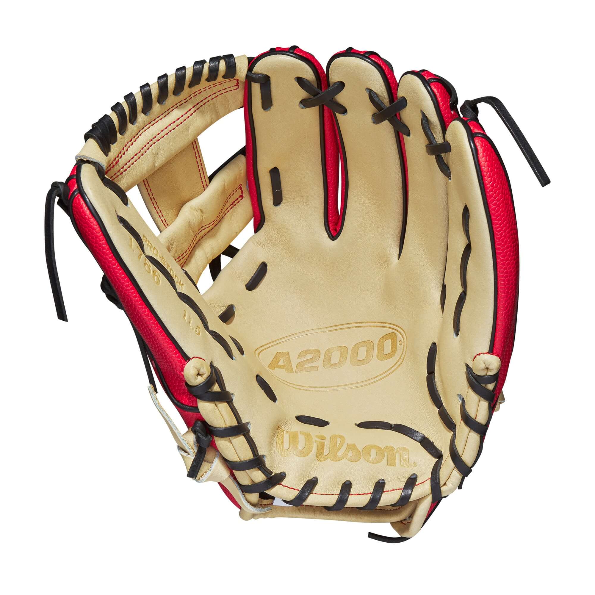 Wilson A2000 1786 SS glove with blonde leather and red accents, designed for optimal performance and comfort.