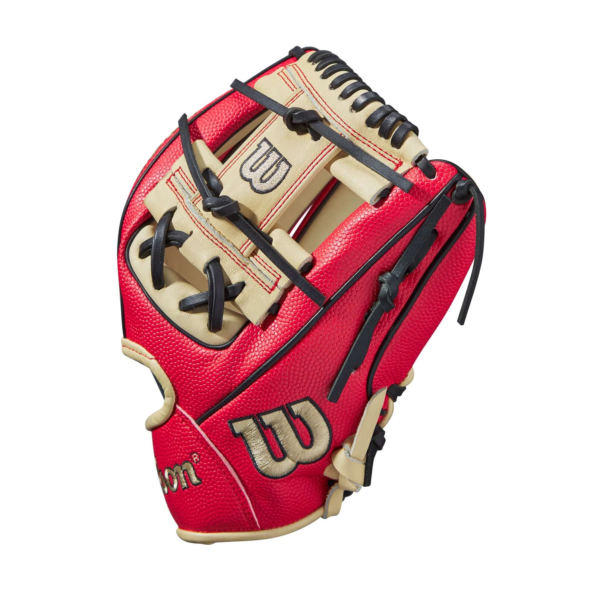 Wilson custom A2000 1786 SS glove in red and cream with black lacing for baseball enthusiasts.