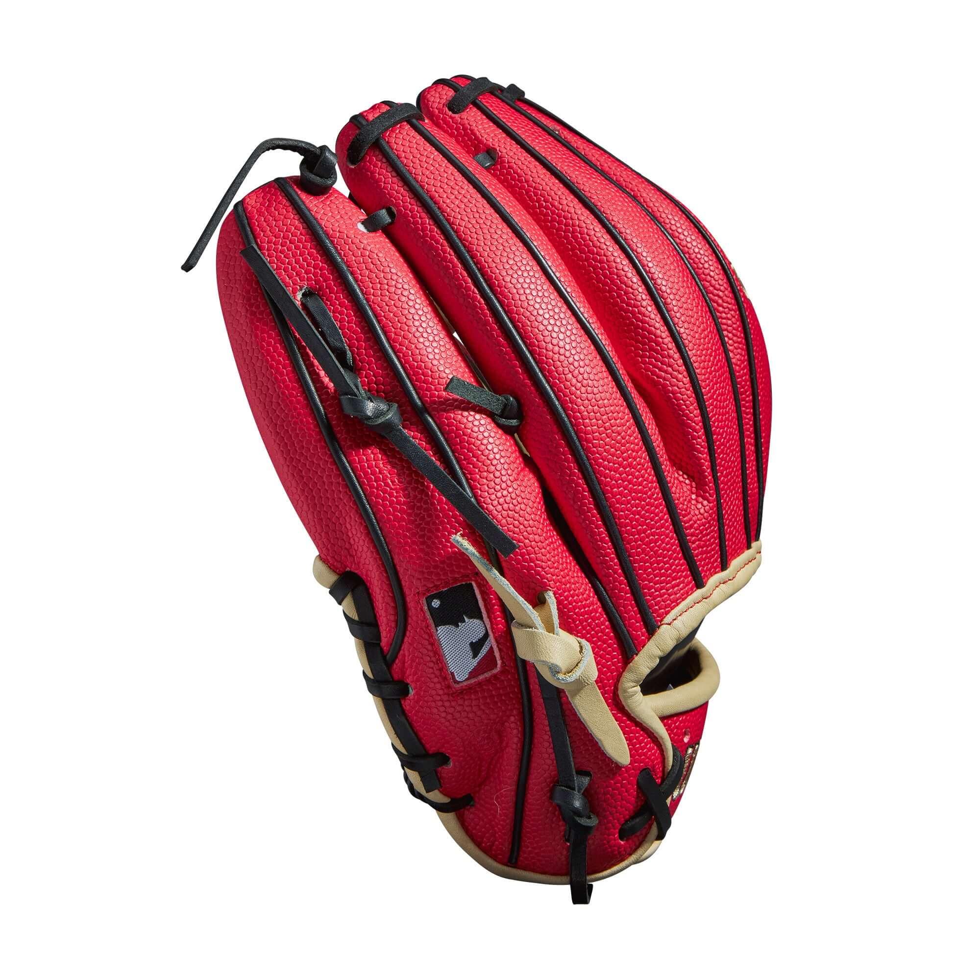 Wilson A2000 1786 SS baseball glove in striking red and blonde color, featuring H-Web design and advanced Superskin material.