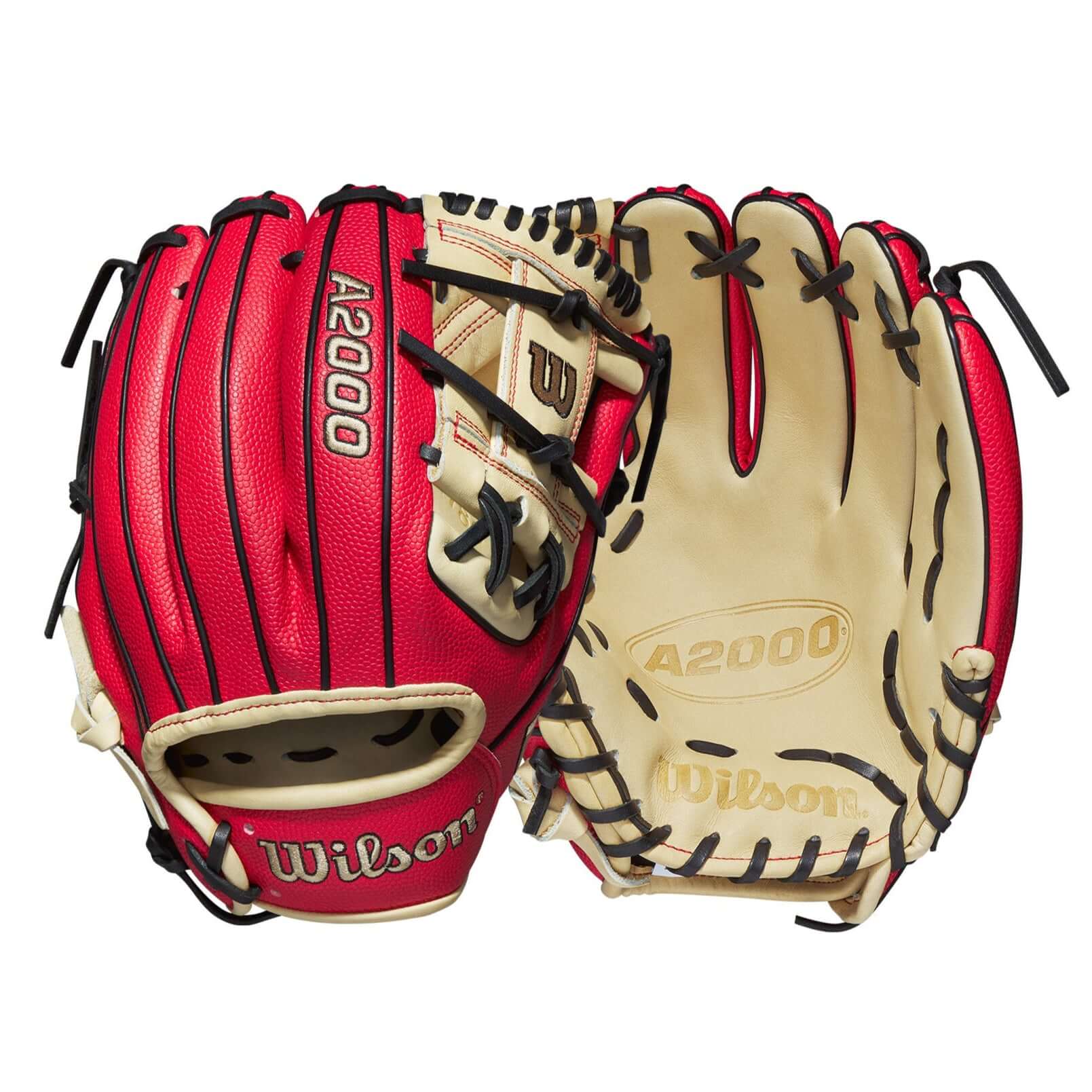 Wilson A2000 custom baseball glove in red and blonde colors, featuring premium leather and secure fit design.
