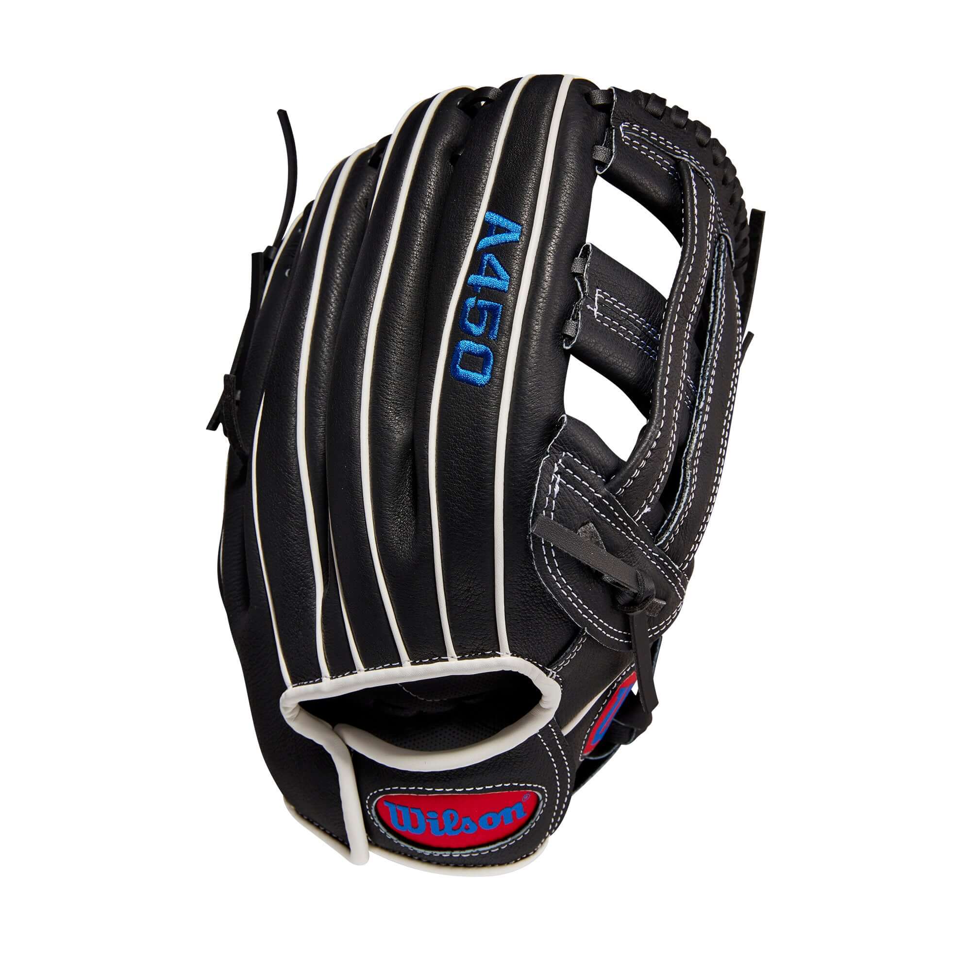 Wilson A450 12-inch Outfield Glove in Black and White with Dual Post Web, designed for young players.