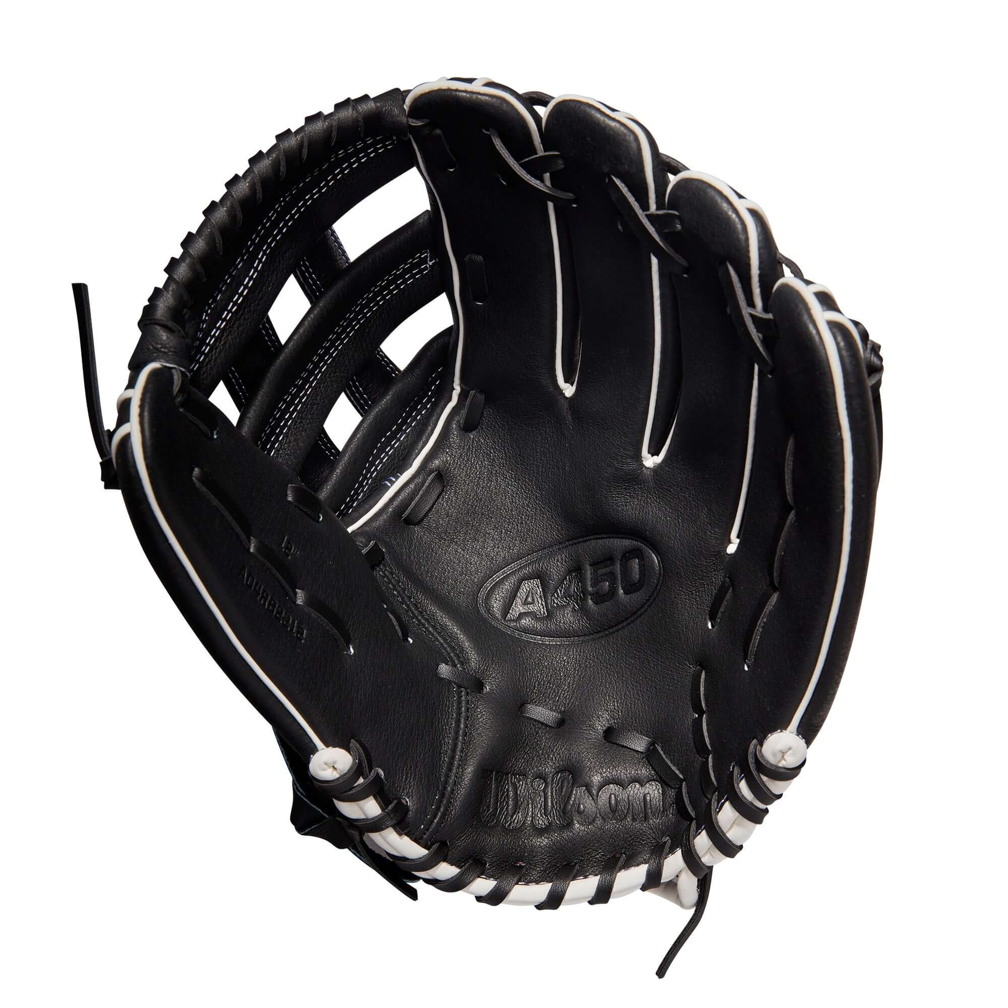 Wilson A450 12-inch Outfield Glove in Black and White with Dual Post Web, designed for young players.