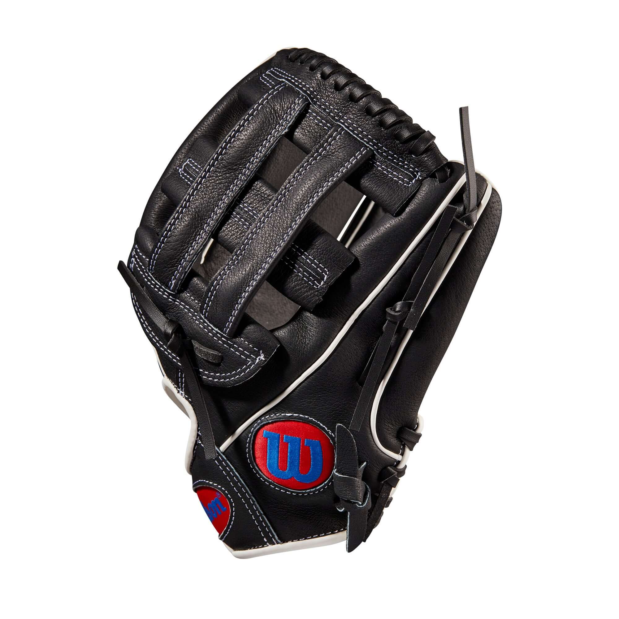 Wilson A450 12-inch Outfield Glove in Black and White with Dual Post Web, designed for young players.