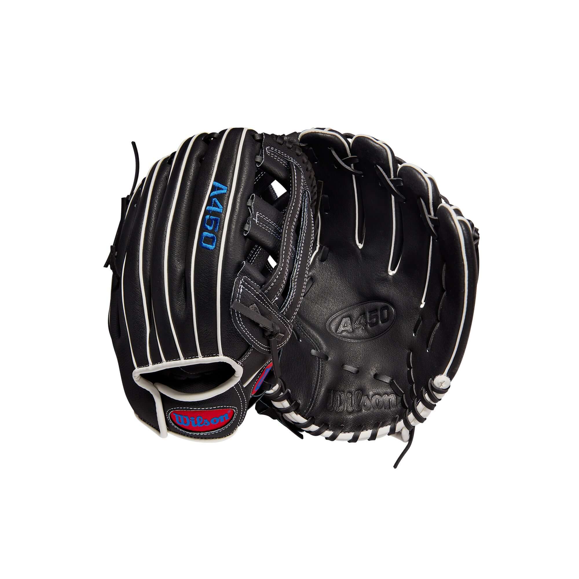 Wilson A450 12-inch Outfield Glove in Black and White with Dual Post Web, designed for young players.