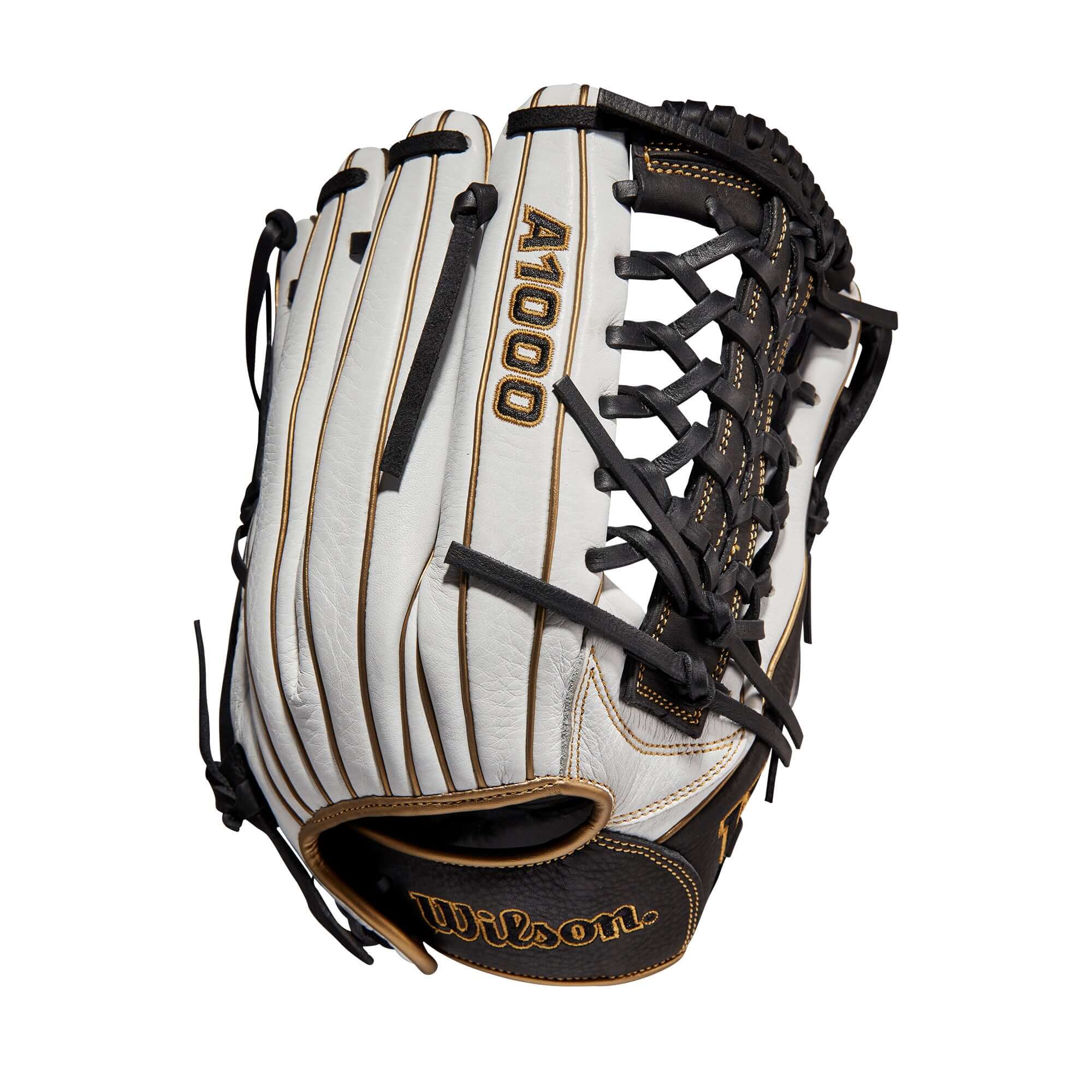 Wilson A1000 Fastpitch T125 12.5 glove in white, black, and blonde leather.