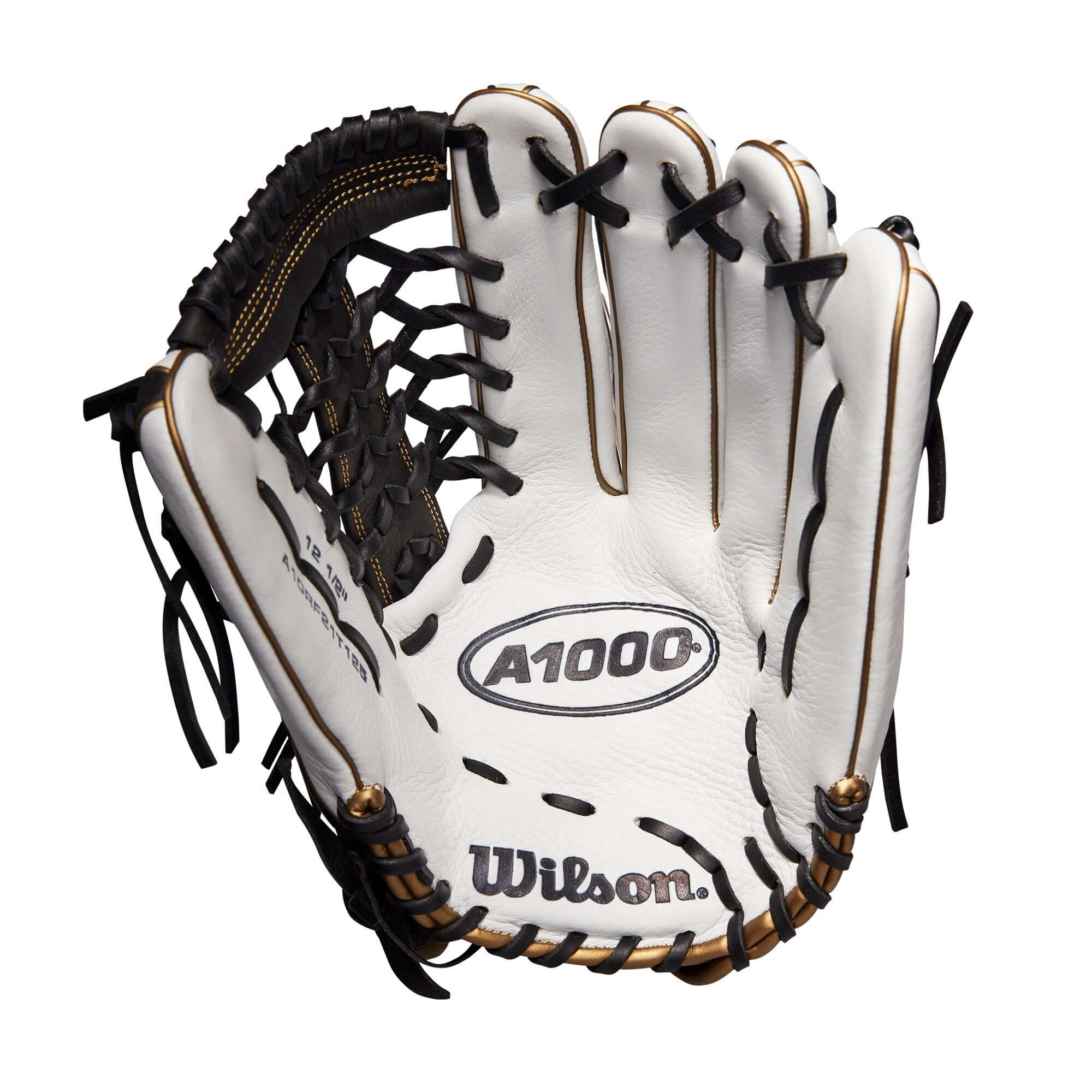 Wilson A1000 Fastpitch T125 12.5 glove in white, black, and blonde leather.
