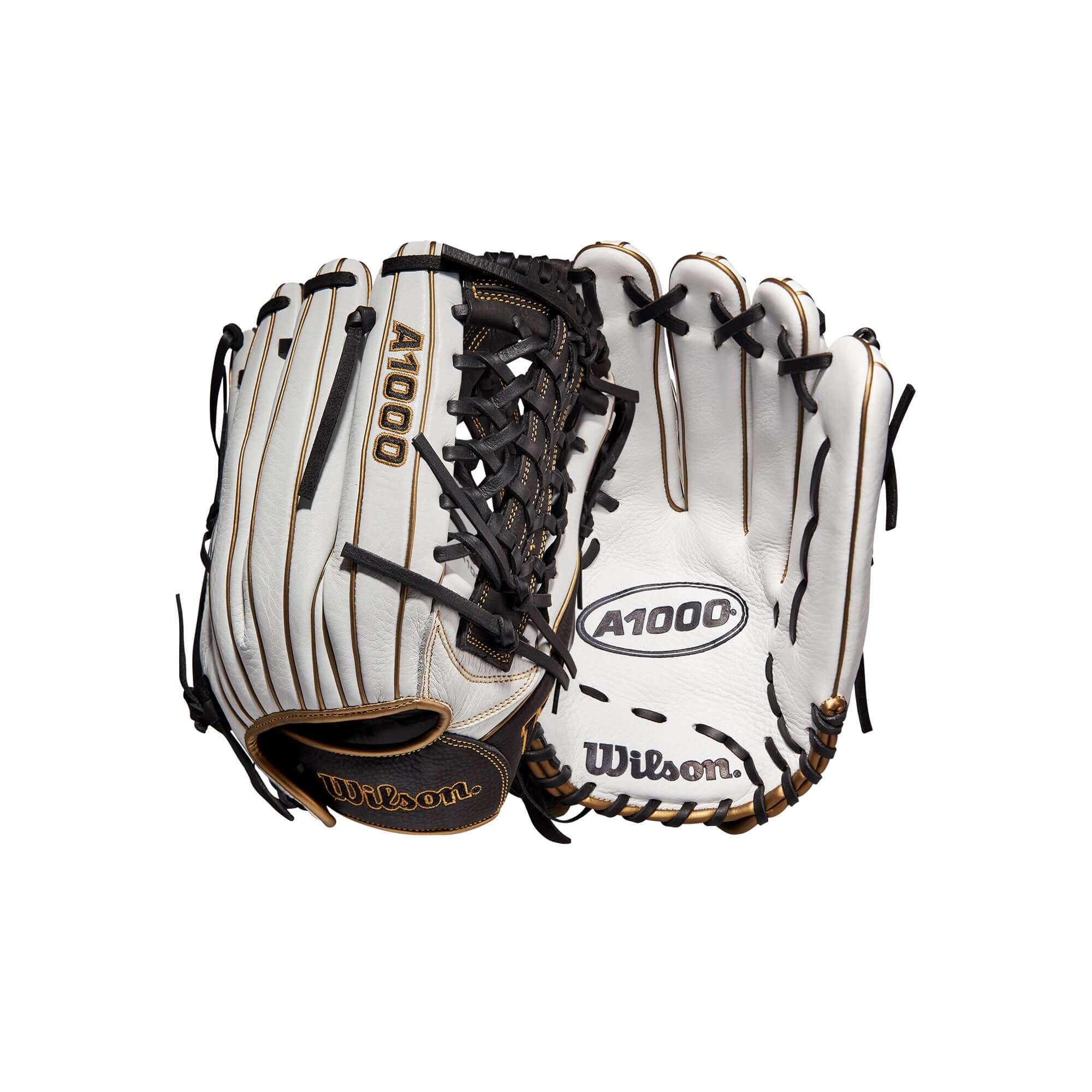 Wilson A1000 Fastpitch T125 12.5 glove in white, black, and blonde leather.
