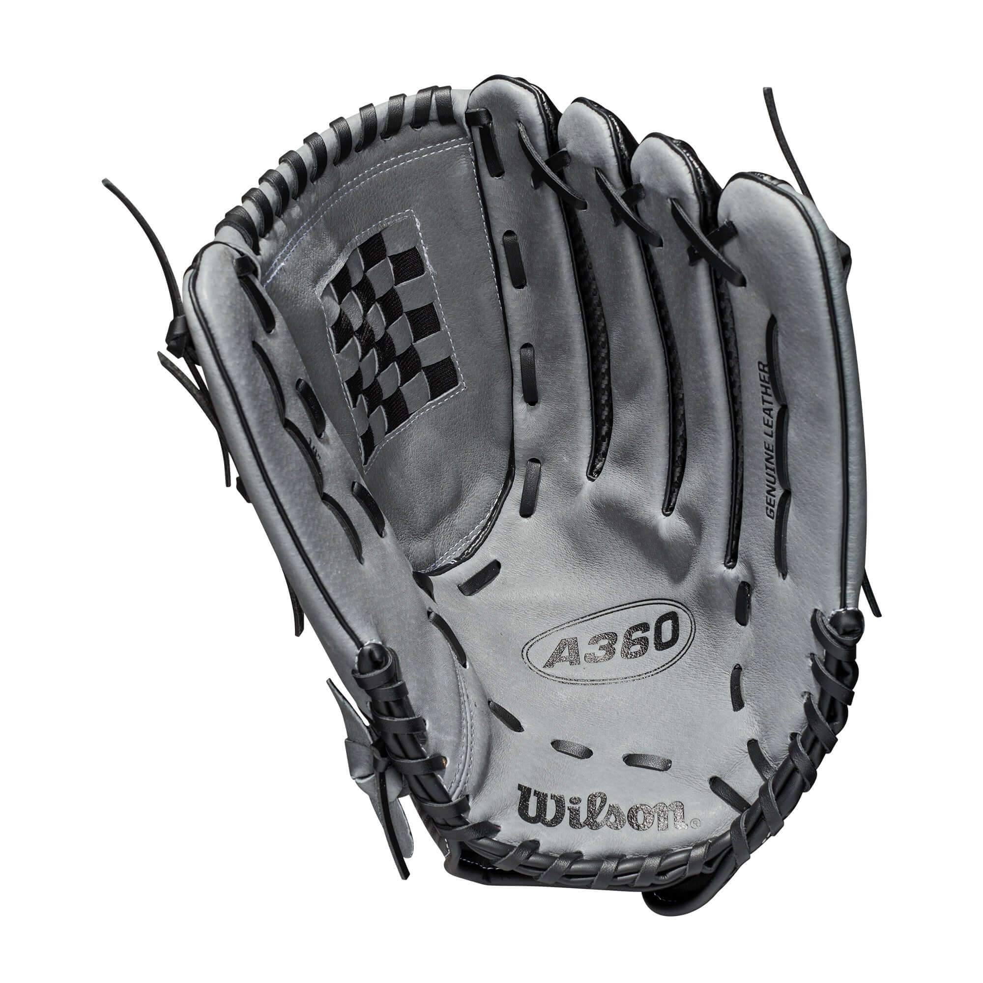 Wilson A360 Slowpitch 14 glove, black/graphite/white, with CarbonLite Shell and Weave Web design