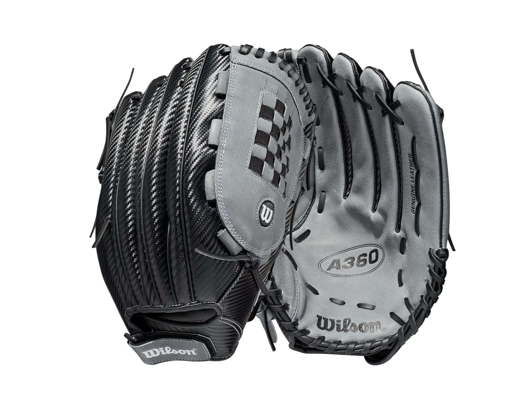 Wilson A360 Slowpitch 14 glove, black/graphite/white, with CarbonLite Shell and Weave Web design