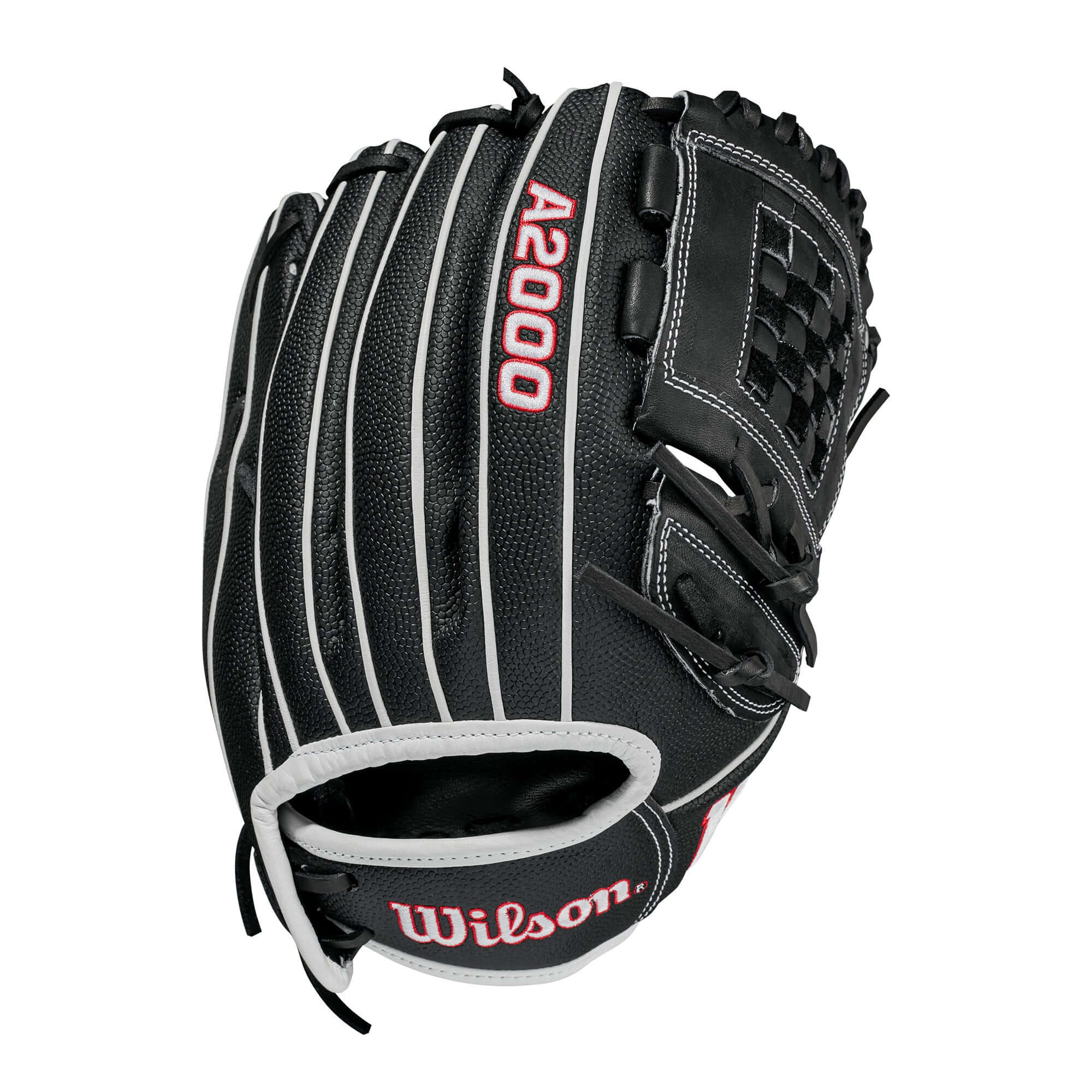 Wilson A2000 P12SS Fastpitch 12-inch glove, ideal for pitchers and infielders, features a drawstring closure and Black SuperSkin.
