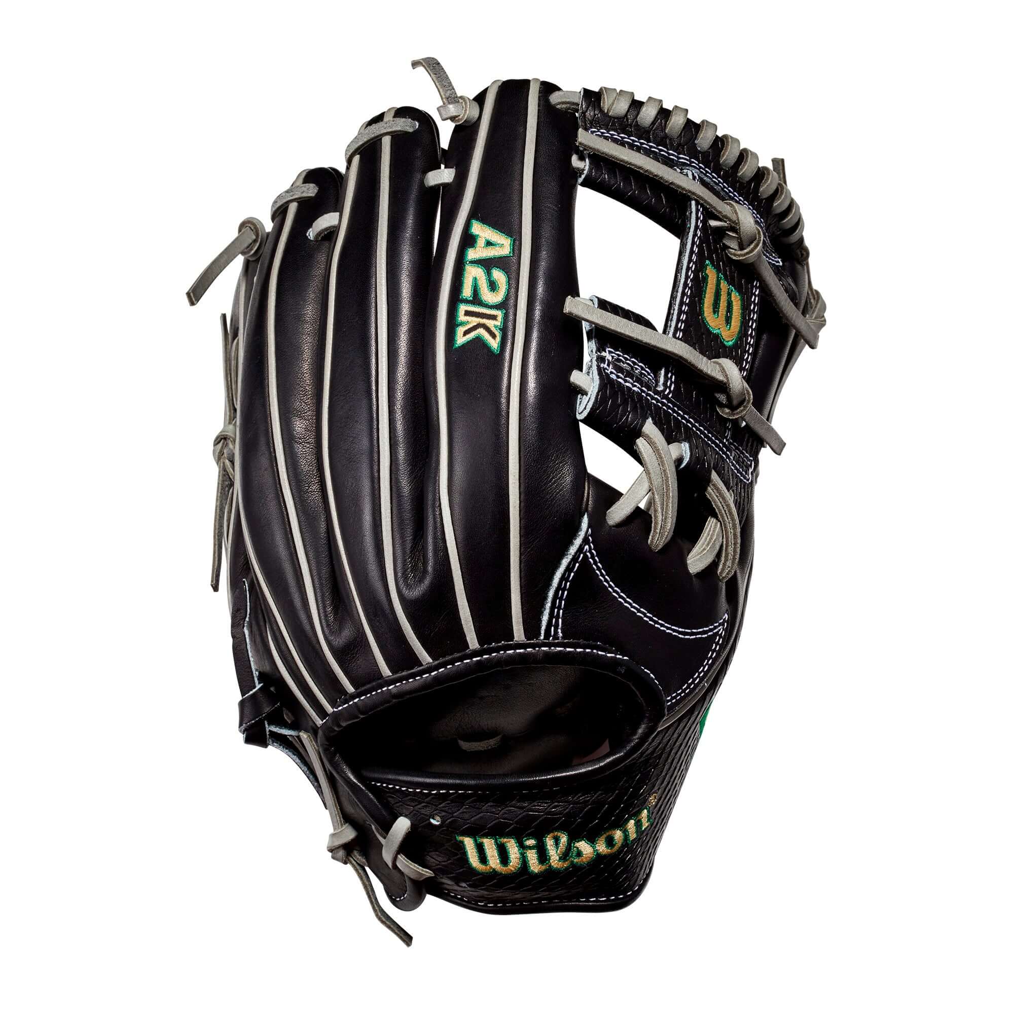 Wilson 2021 A2K Matt Chapman Game Model Baseball Glove in black with yellow and Kelly green accents, 11.75-inch size.