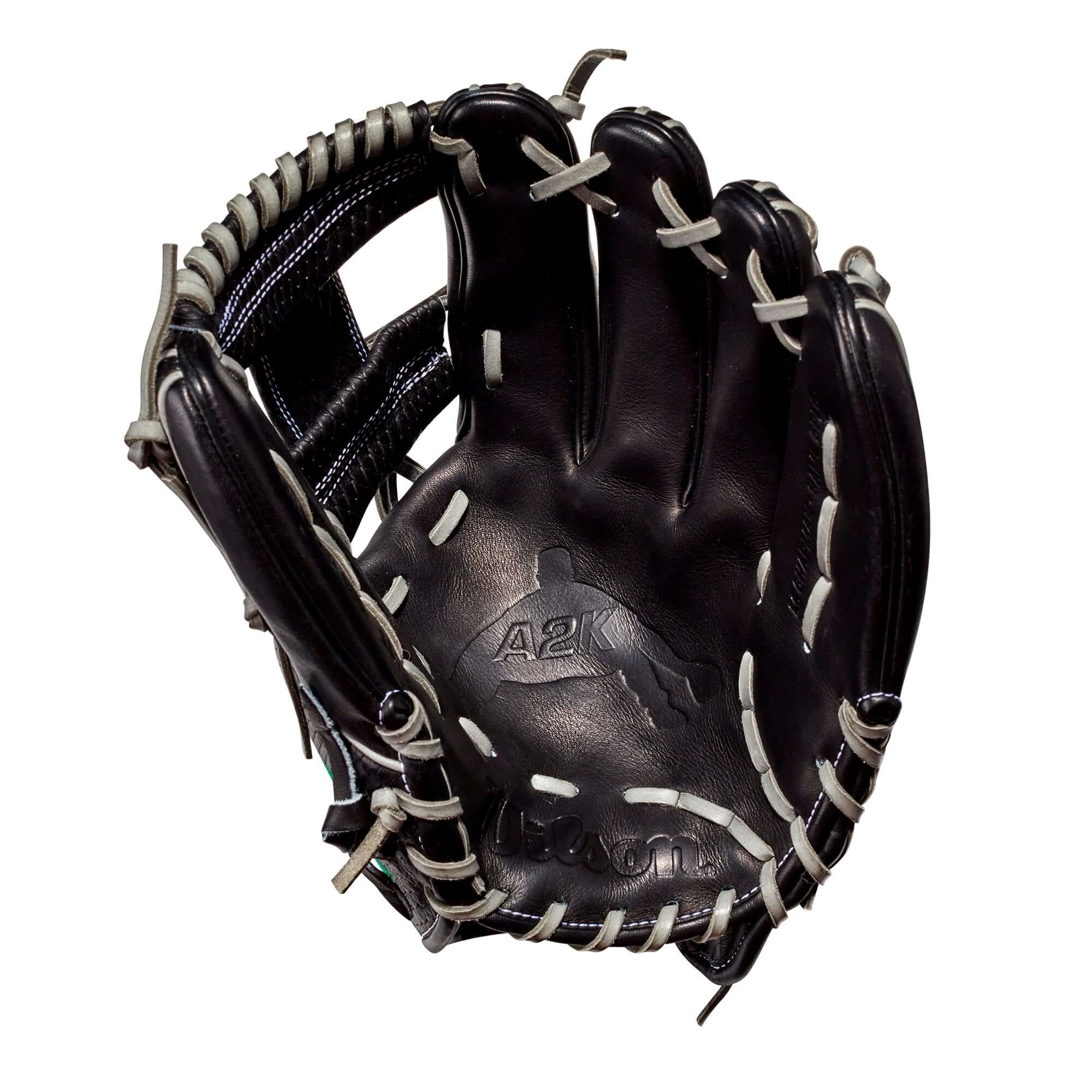 Wilson 2021 A2K Matt Chapman Game Model Baseball Glove in black leather with white stitching and unique design.