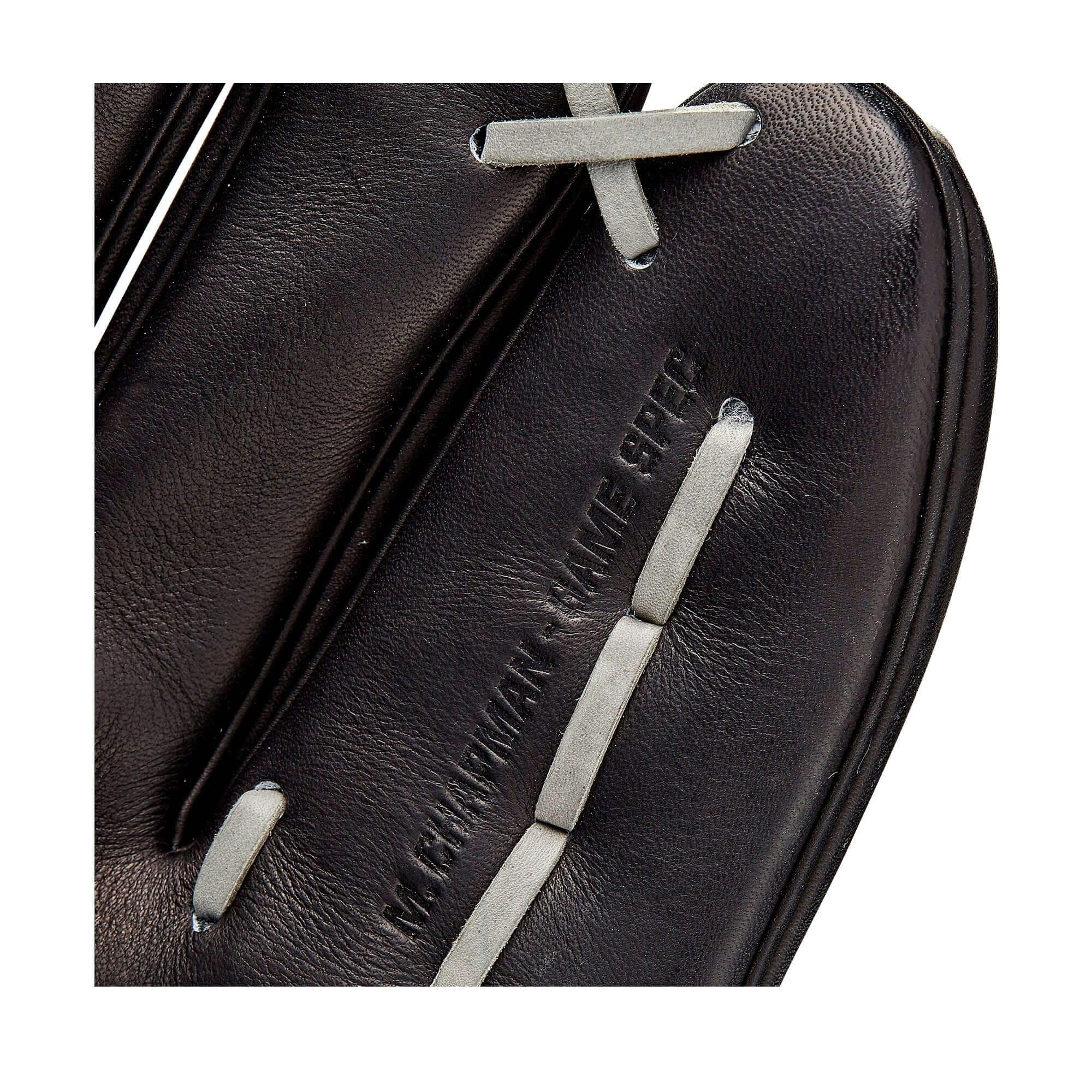 Detail of Wilson 2021 A2K Matt Chapman baseball glove showing stitching and craftsmanship in black leather.