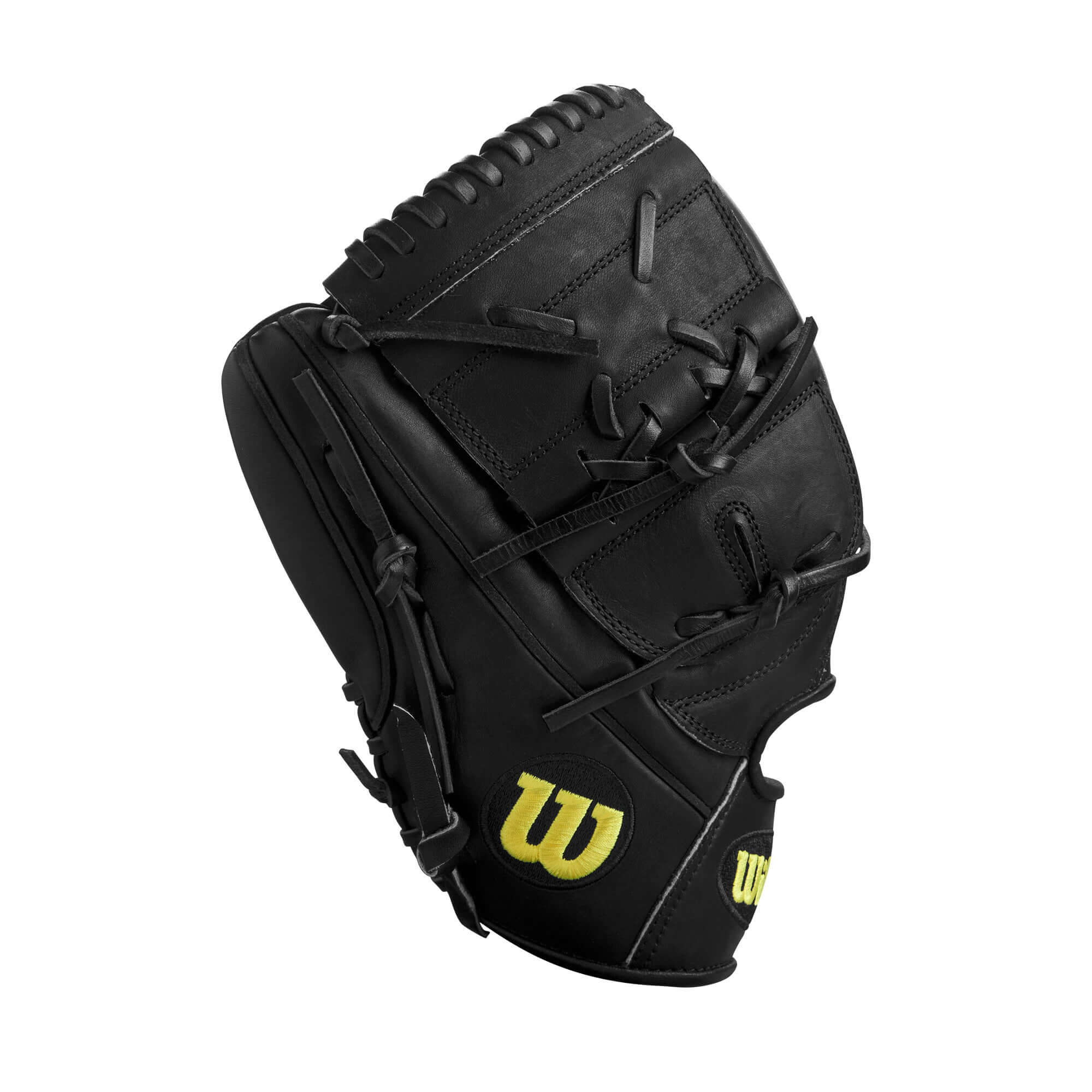 Wilson A2000 CK22 Clayton Kershaw pitcher's glove in black and yellow, featuring Black Pro Stock Leather and deep pocket design.
