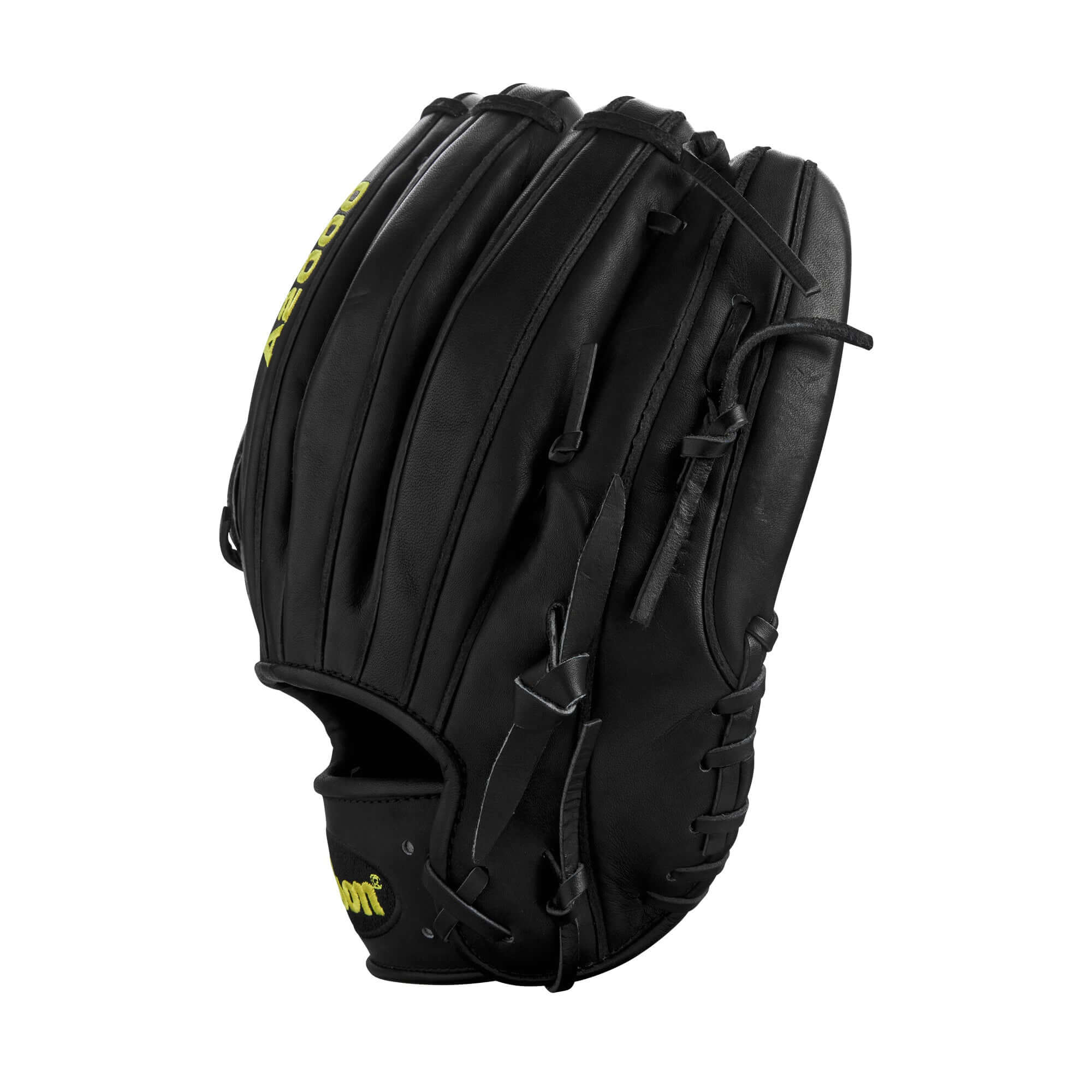 Wilson A2000 CK22 Clayton Kershaw 11.75" black pitcher's glove with yellow logo and professional design.