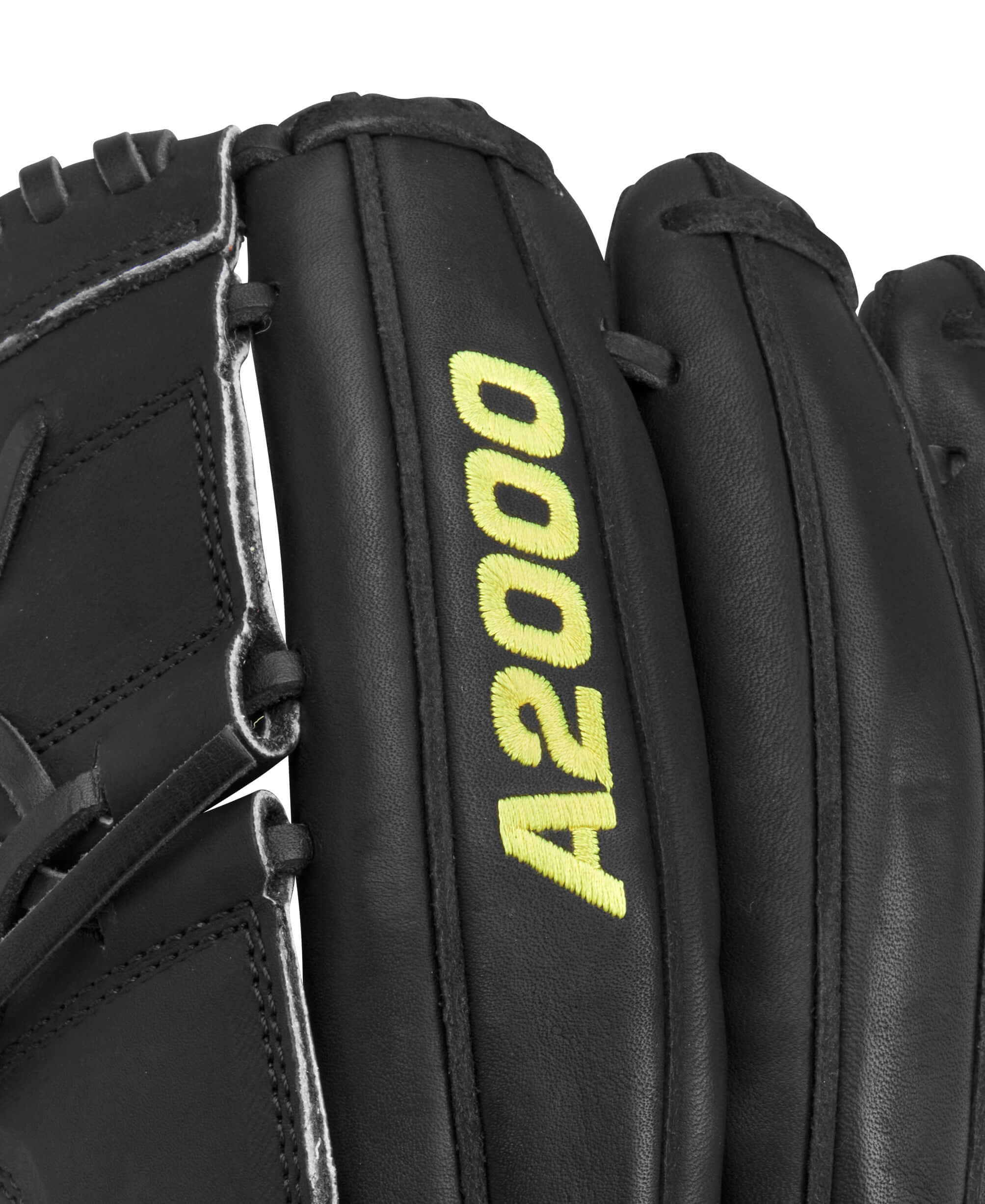 Close-up of Wilson A2000 CK22 glove featuring black leather and yellow A2000 logo, ideal for pitching performance.