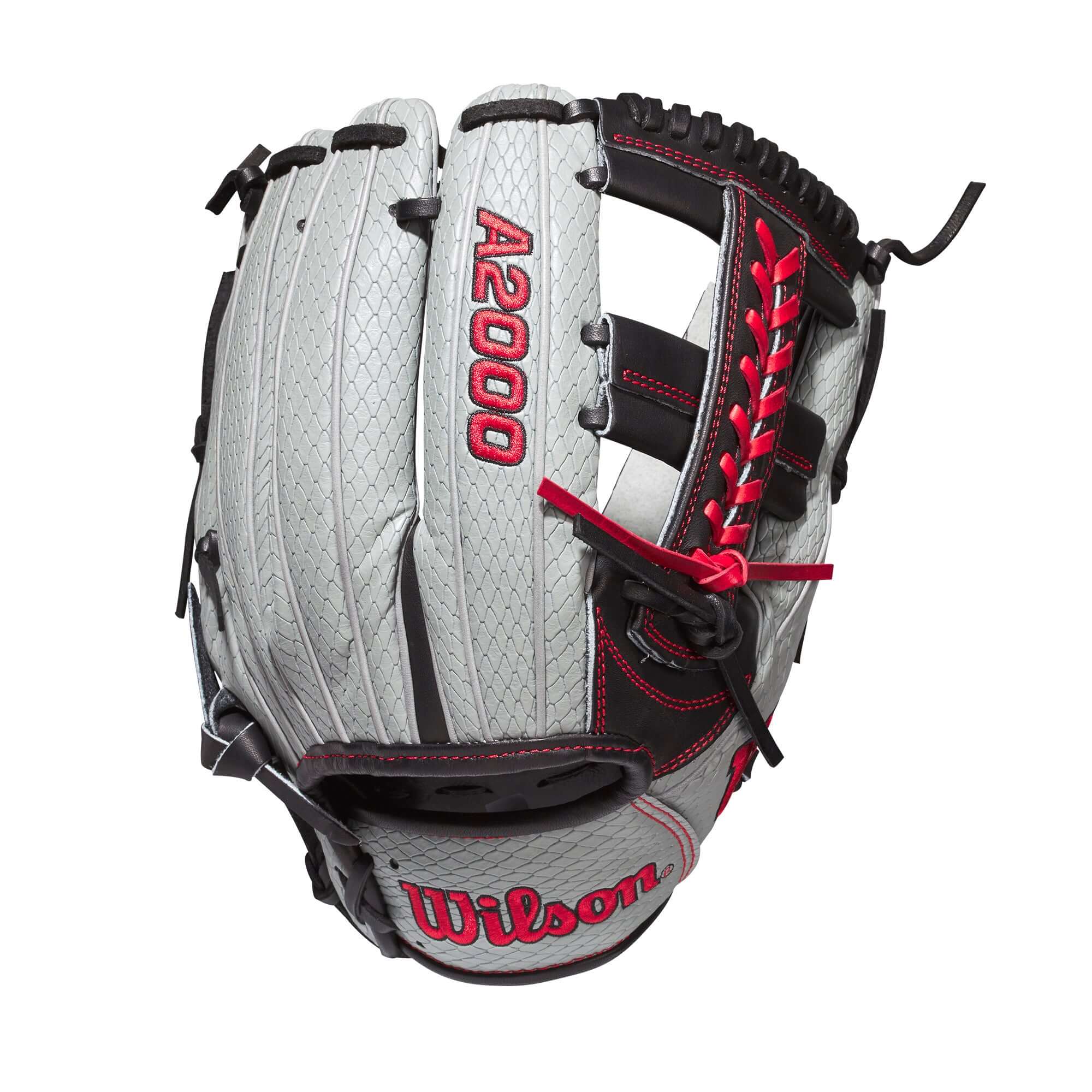 Wilson A2000 1785 SS glove in grey and black, designed for infield play with premium leather and custom features.