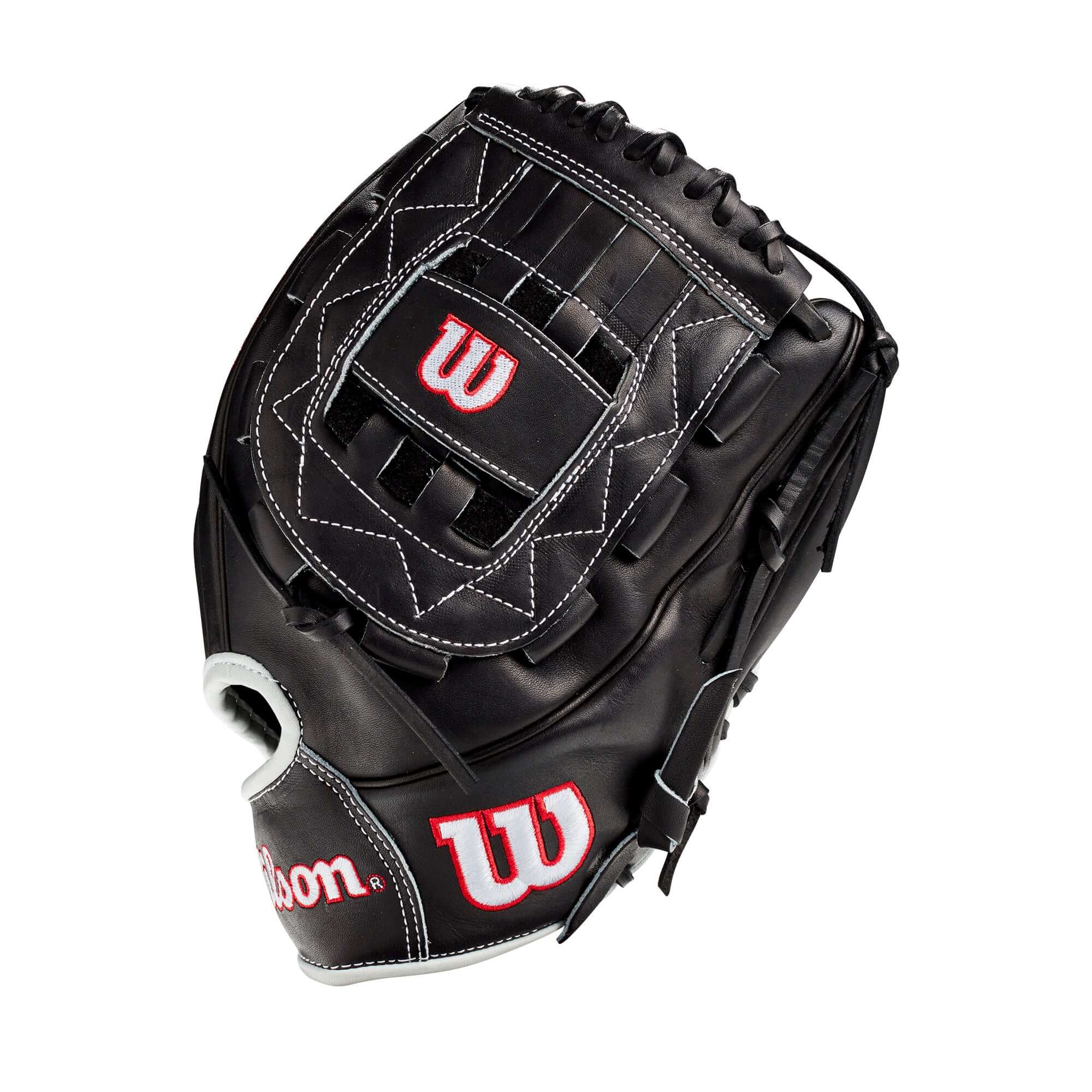 Black Wilson A2000 Aso 12 Pitchers Glove with White and Red Bold Logos