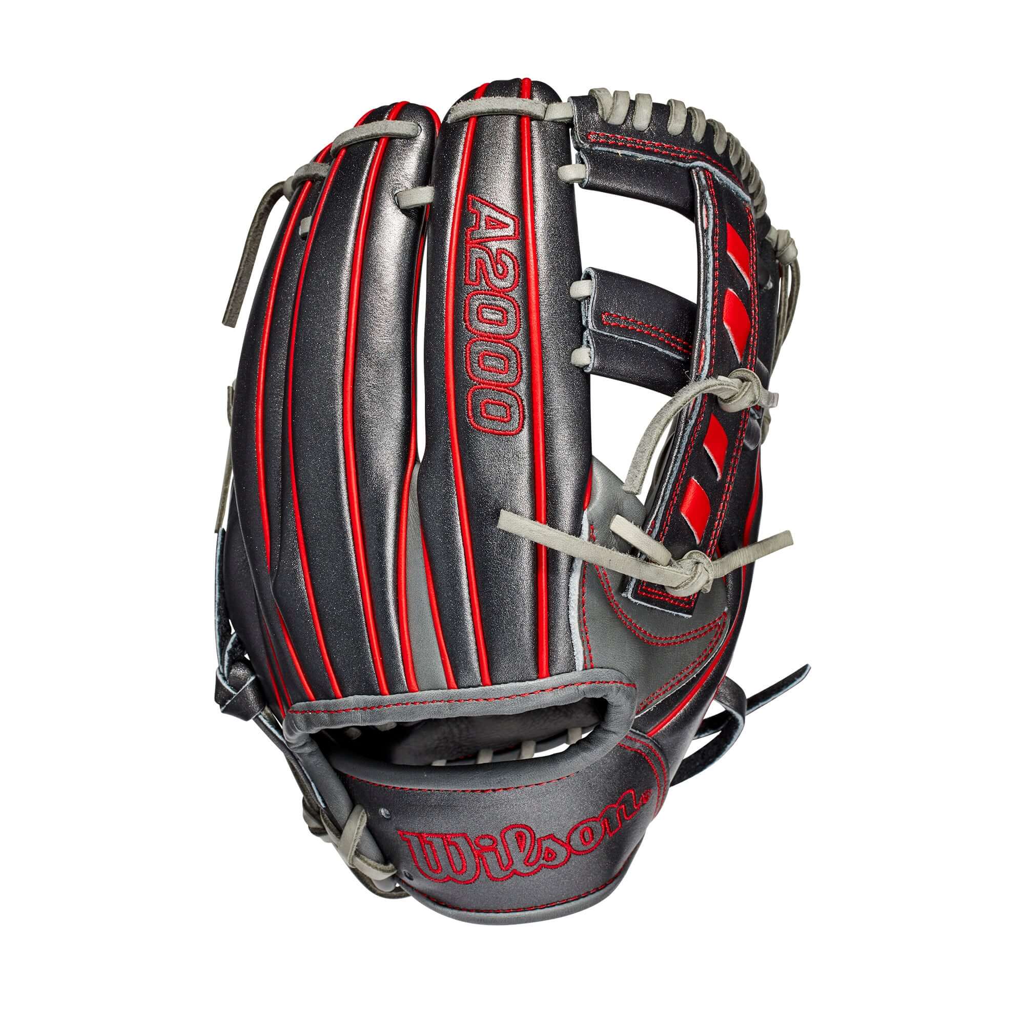 Wilson A2000 1716 glove in gunmetal and coal with red accents, perfect for serious players.