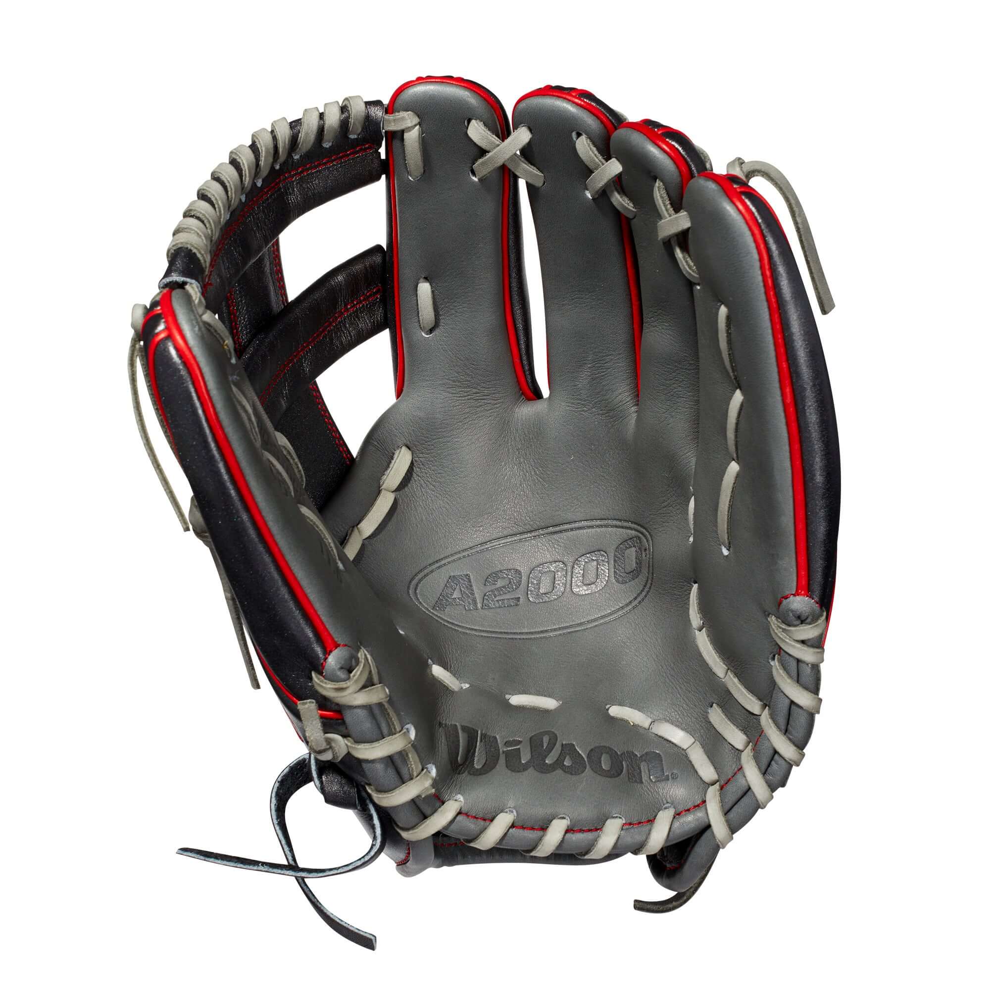 Wilson A2000 1716 glove in grey with red accents, designed for enhanced performance and control in baseball.