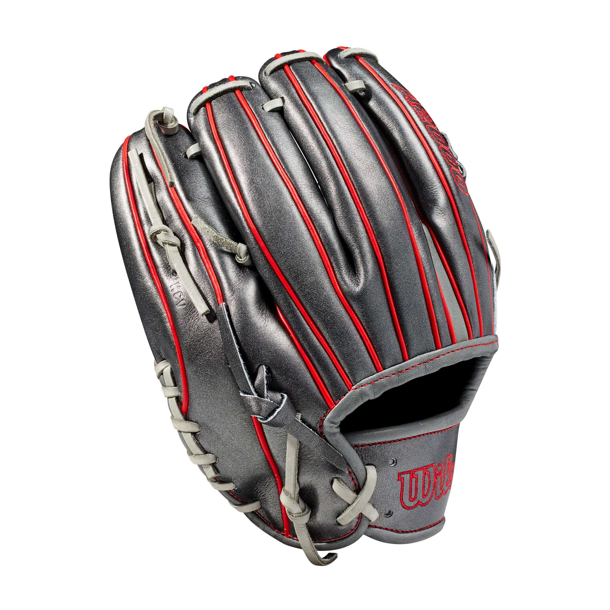 Wilson A2000 1716 glove in gunmetal and coal with red accents, designed for enhanced control and precision.