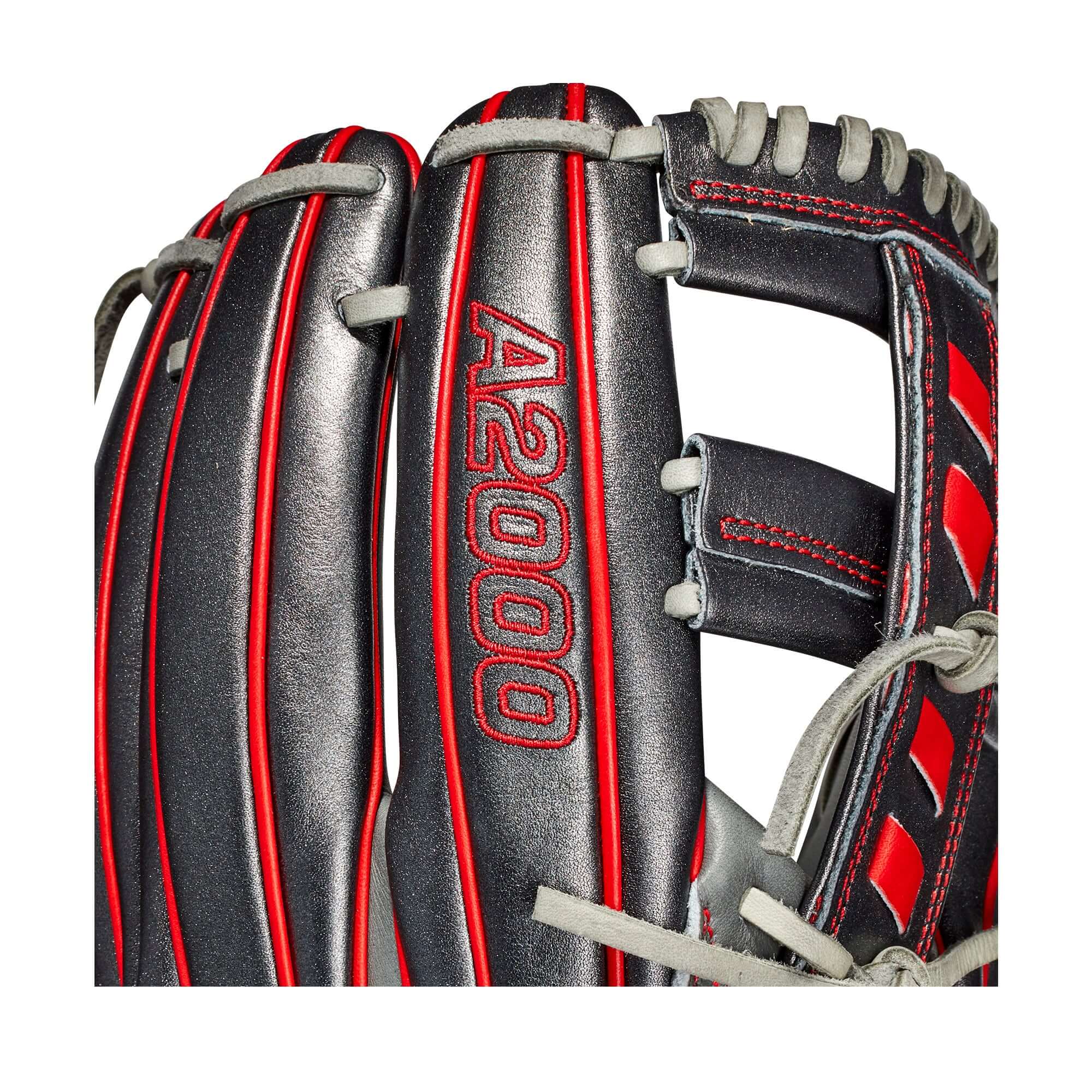 Close-up of Wilson A2000 glove featuring custom design, gunmetal finish, and red accents for enhanced performance.