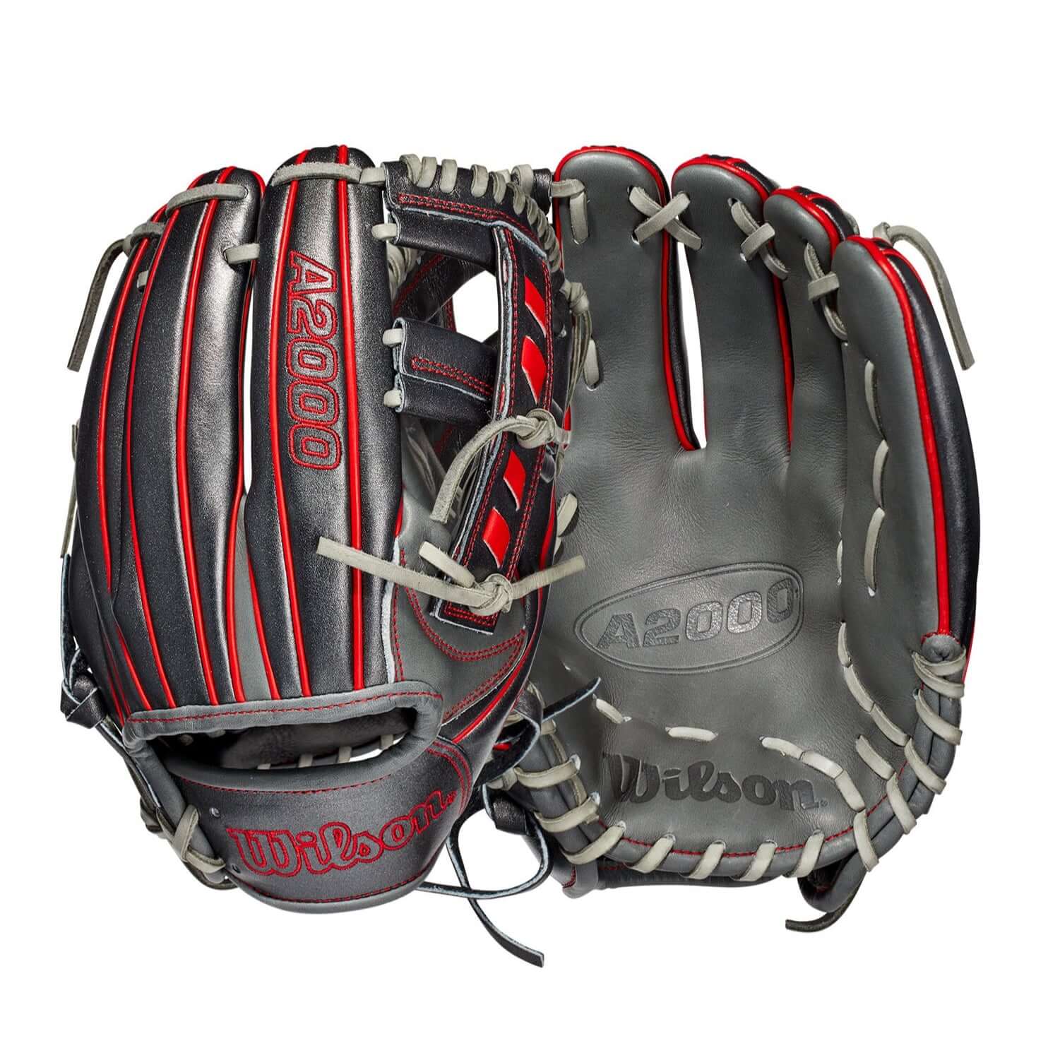 Wilson A2000 1716 glove with chevron cross web design in gunmetal and coal colors.
