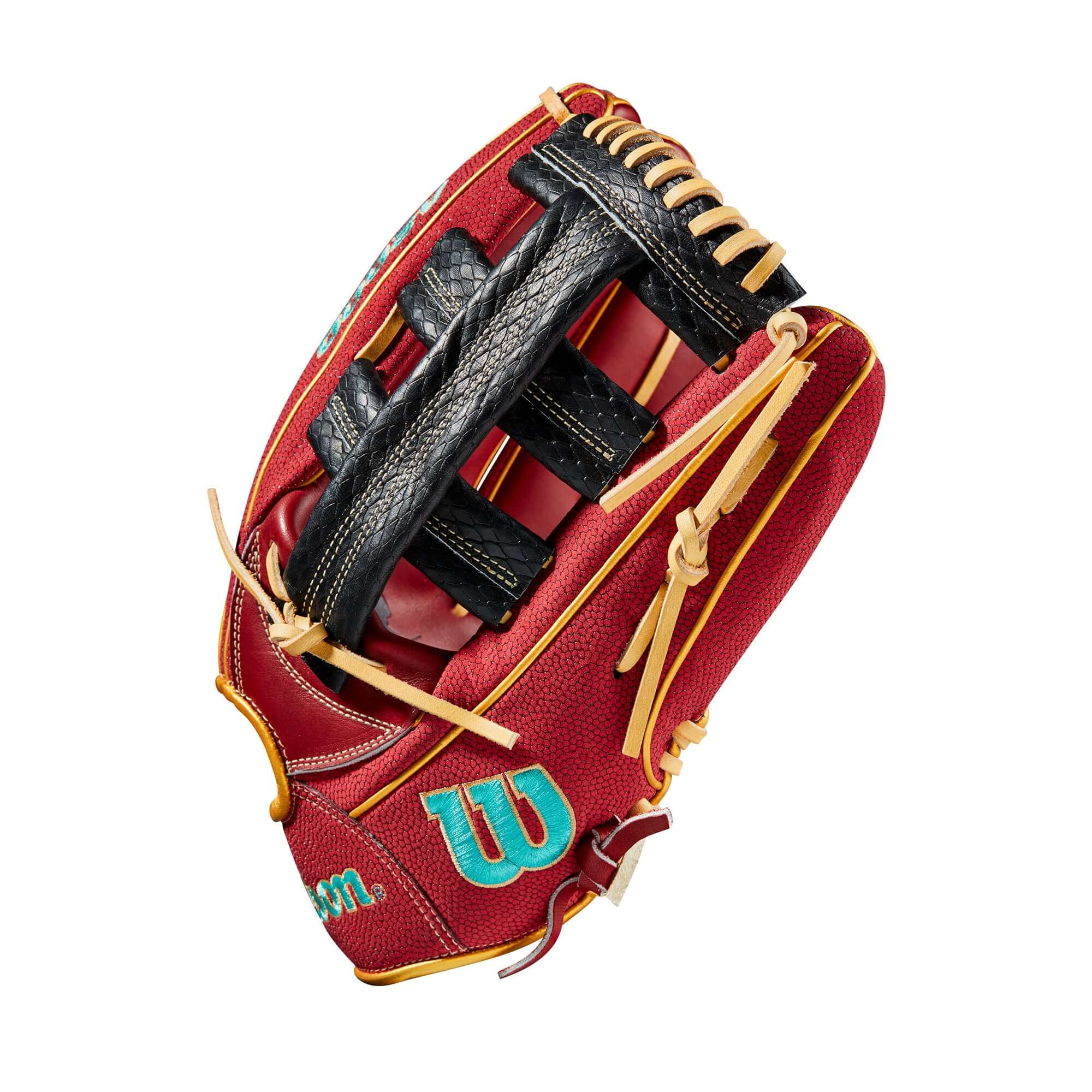 Wilson 100 GOTM April 2021 David Peralta GM Custom A2000 1806 baseball glove in brick red and black colors.